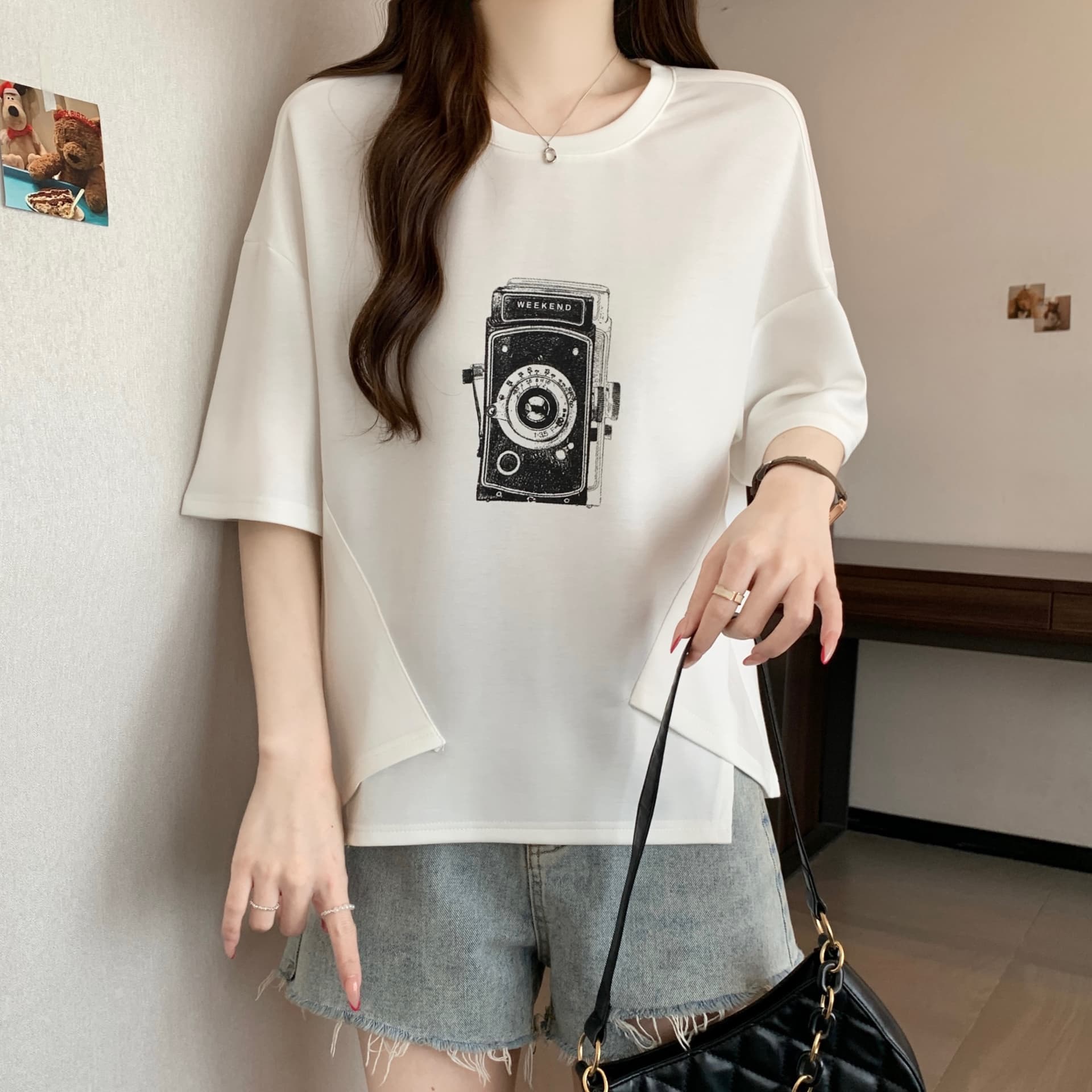 지방 mm 새로운 패션 프린트 패치워크 색상 불규칙 티셔츠 여성 루즈핏 슬림해 보이는 캐주얼 다용도 작은 대중 맨위 상세 이미지 9