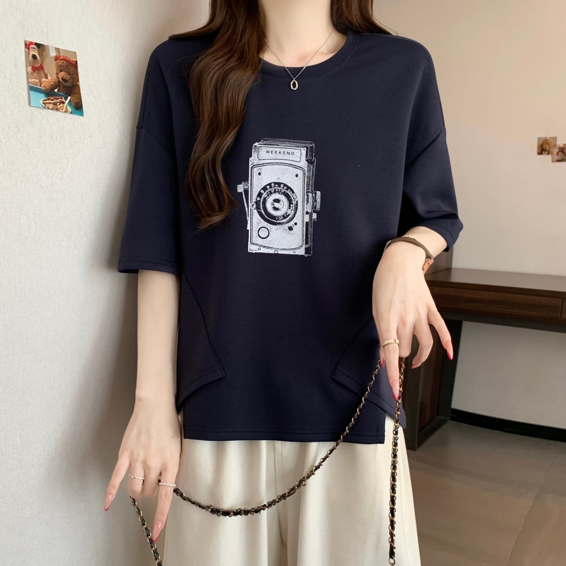 지방 mm 새로운 패션 프린트 패치워크 색상 불규칙 티셔츠 여성 루즈핏 슬림해 보이는 캐주얼 다용도 작은 대중 맨위 상세 이미지 18