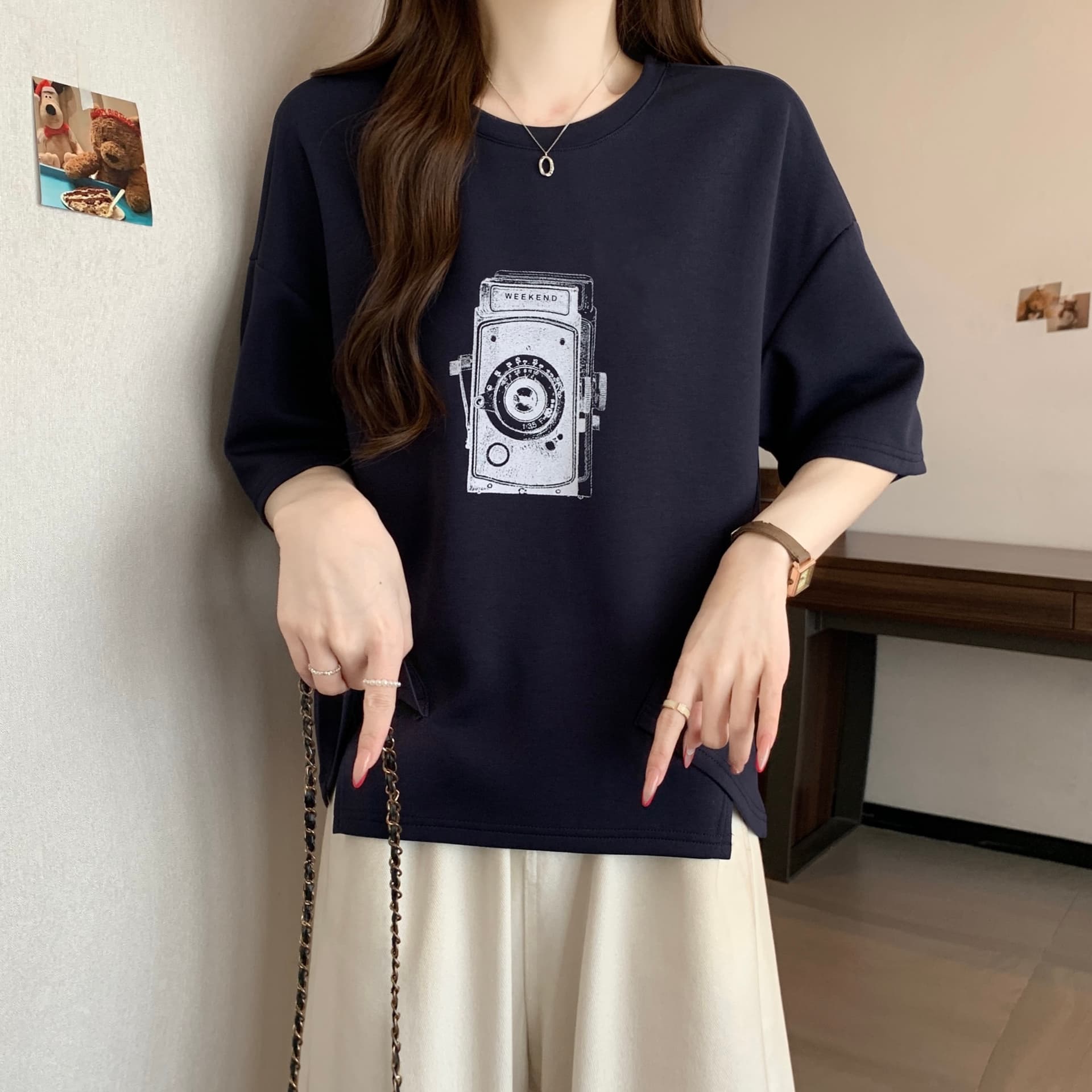 지방 mm 새로운 패션 프린트 패치워크 색상 불규칙 티셔츠 여성 루즈핏 슬림해 보이는 캐주얼 다용도 작은 대중 맨위 상세 이미지 19