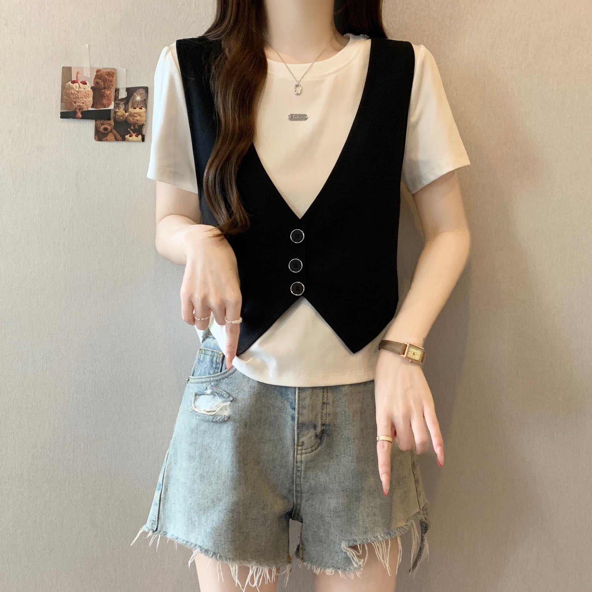 지방 mm 세련된 외국 가스 패치워크 페이크 레이어드 반팔 티셔츠 여성 2026 여름 새로운 품격 슬림해 보이는 표지 고기 맨위 상세 이미지 4