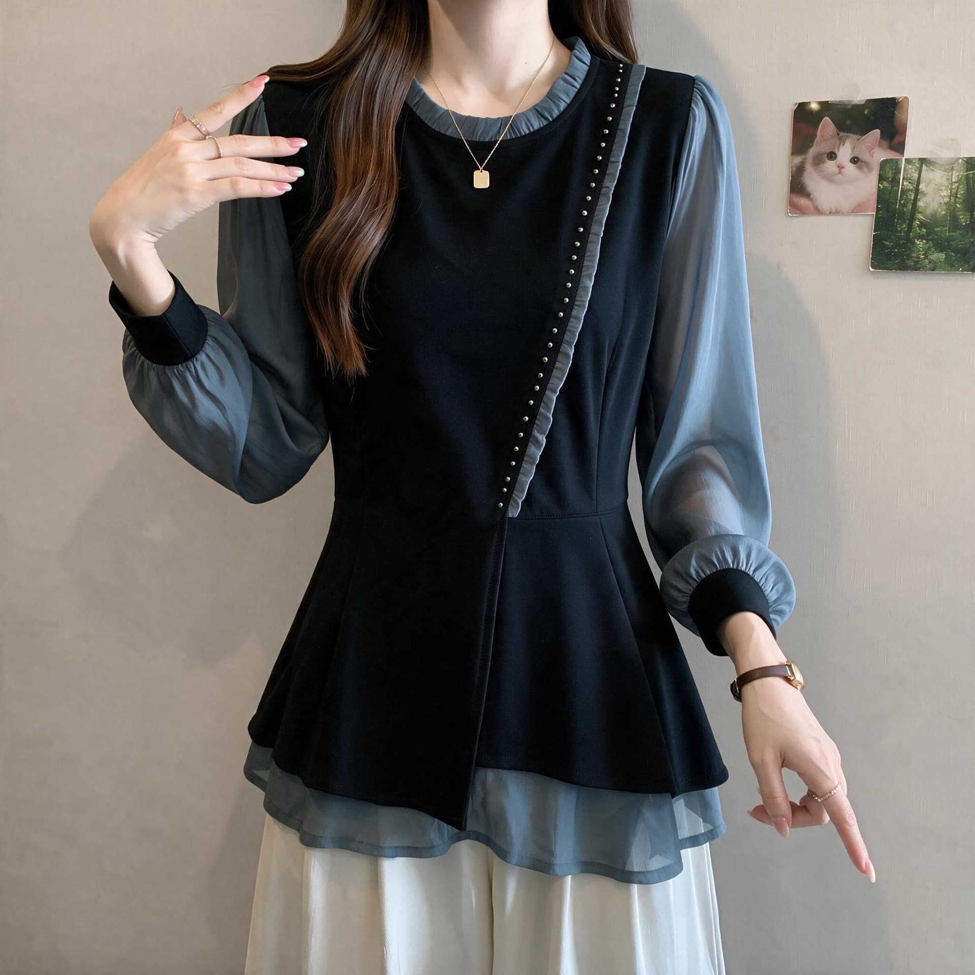 이른 가을 빅 사이즈 여성 의류 맨위 배색 패치워크 캐주얼 패션 루즈핏 슬림해 보이는 표지 고기 통통한 여동생 맨위 이미지 3
