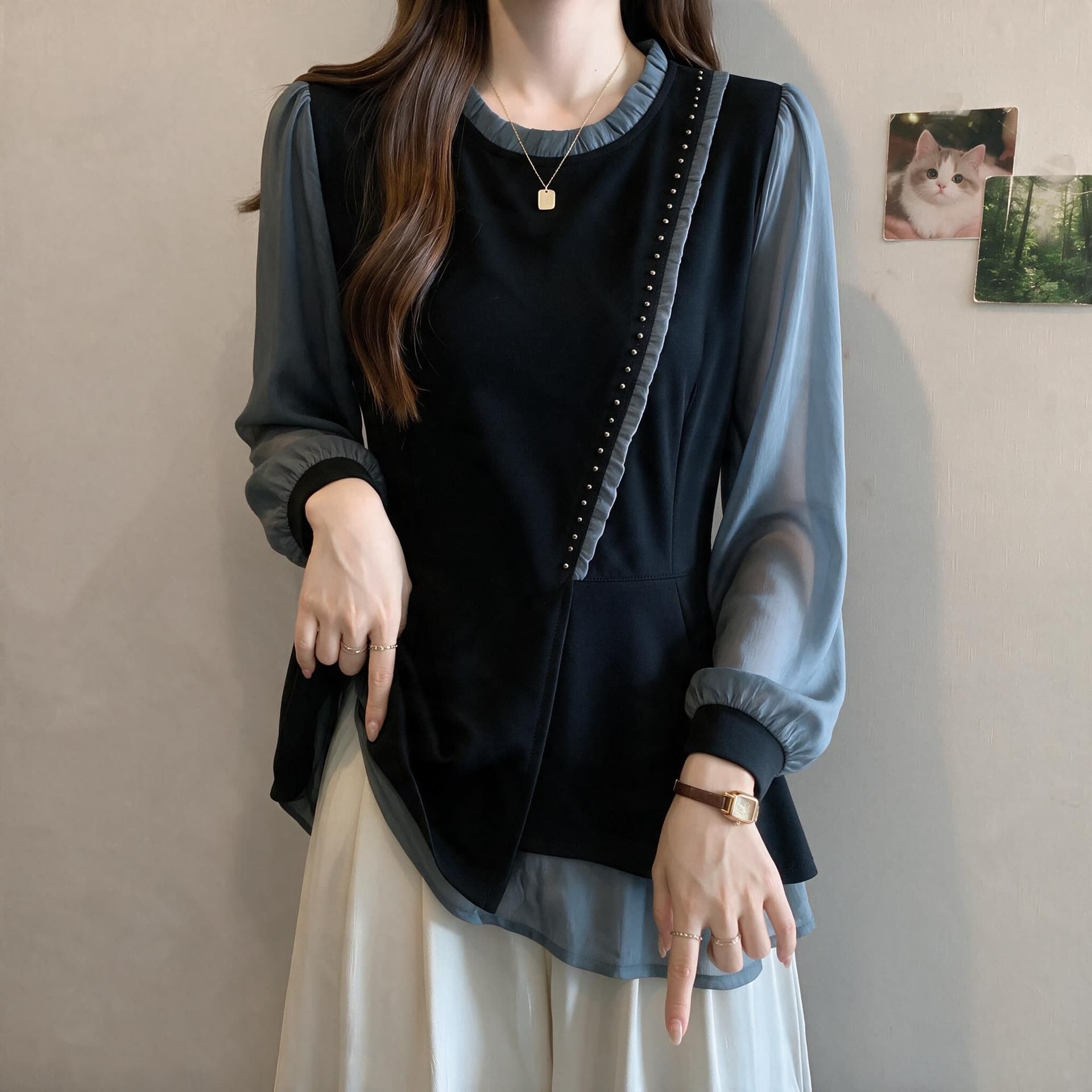 이른 가을 빅 사이즈 여성 의류 맨위 배색 패치워크 캐주얼 패션 루즈핏 슬림해 보이는 표지 고기 통통한 여동생 맨위 이미지 5