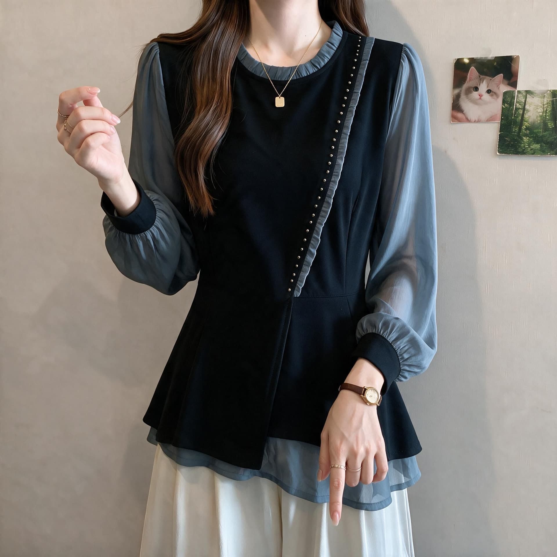 이른 가을 빅 사이즈 여성 의류 맨위 배색 패치워크 캐주얼 패션 루즈핏 슬림해 보이는 표지 고기 통통한 여동생 맨위 상세 이미지 3