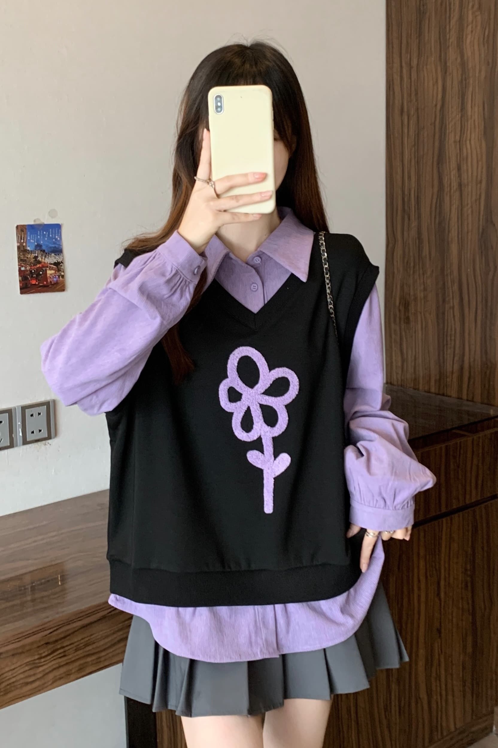 지방 mm 페이크 레이어드 꽃 자수 셔츠 빅 사이즈 2026 새로운 루즈핏 연령 감소 스택 착용 맨위 이미지 7