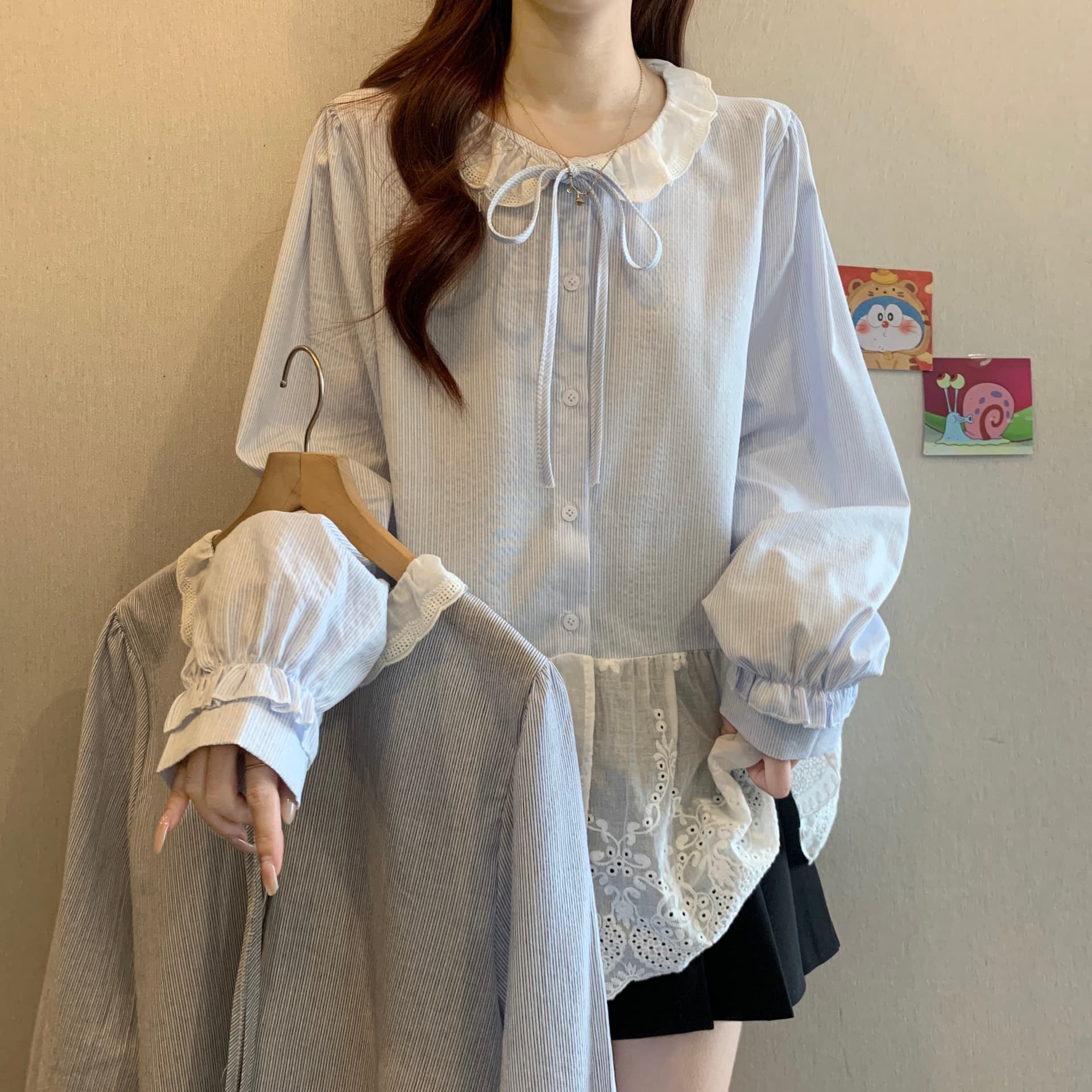 페이크 레이어드 패치워크 배색 스트라이프 셔츠 지방 mm 새로운 레이스업 레이스 레이스 자수 작은 대중 디자인 셔츠 이미지 2