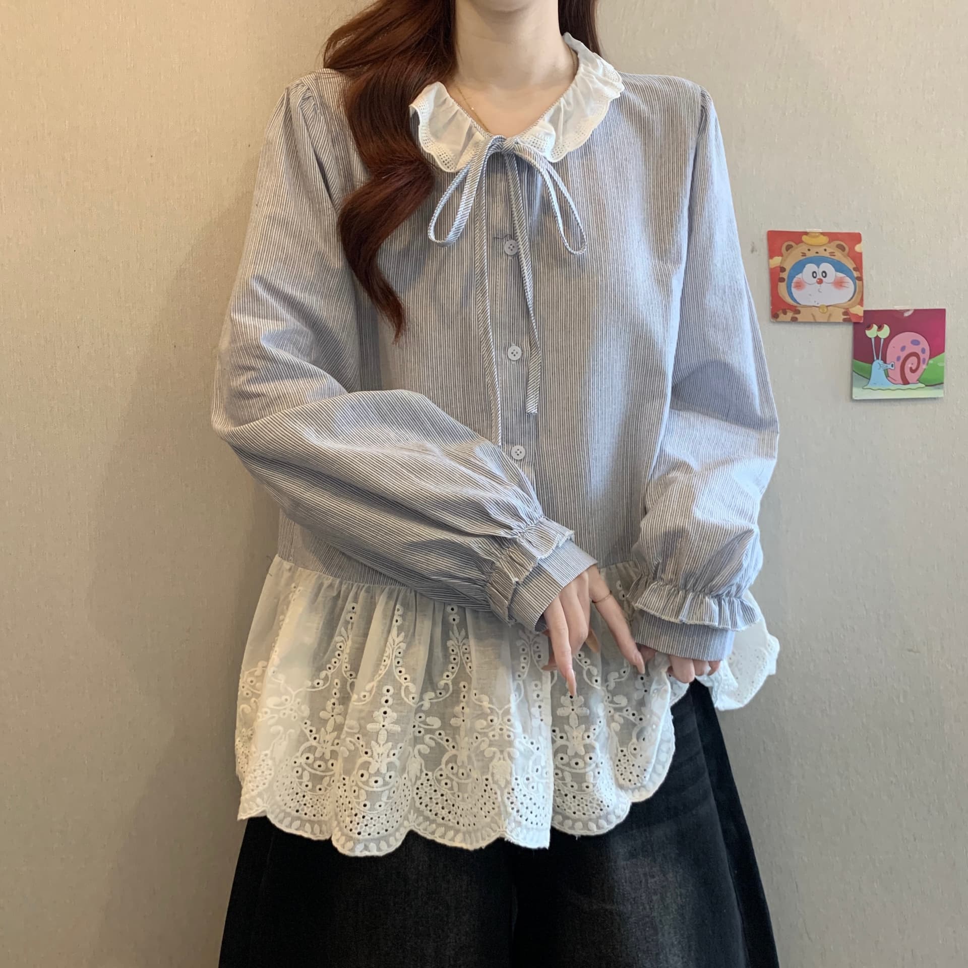 페이크 레이어드 패치워크 배색 스트라이프 셔츠 지방 mm 새로운 레이스업 레이스 레이스 자수 작은 대중 디자인 셔츠 상세 이미지 2