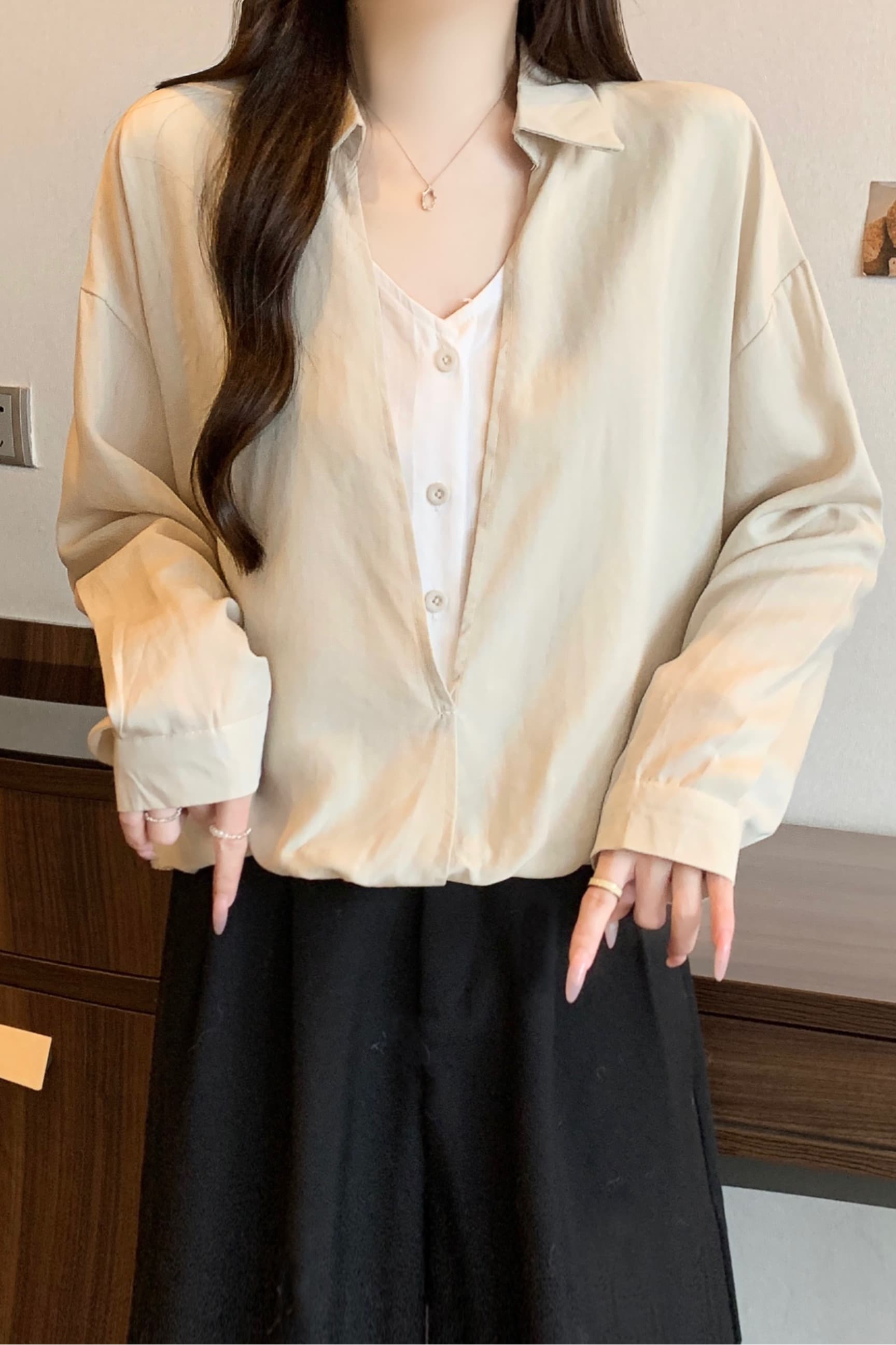 빅 사이즈 지방 mm 자이언트 잘 생긴 ~ 중 이른 가을 여성 셔츠 느슨함 센스 착용 가져 가라. 페이크 레이어드 V넥 긴팔 맨위 이미지 7