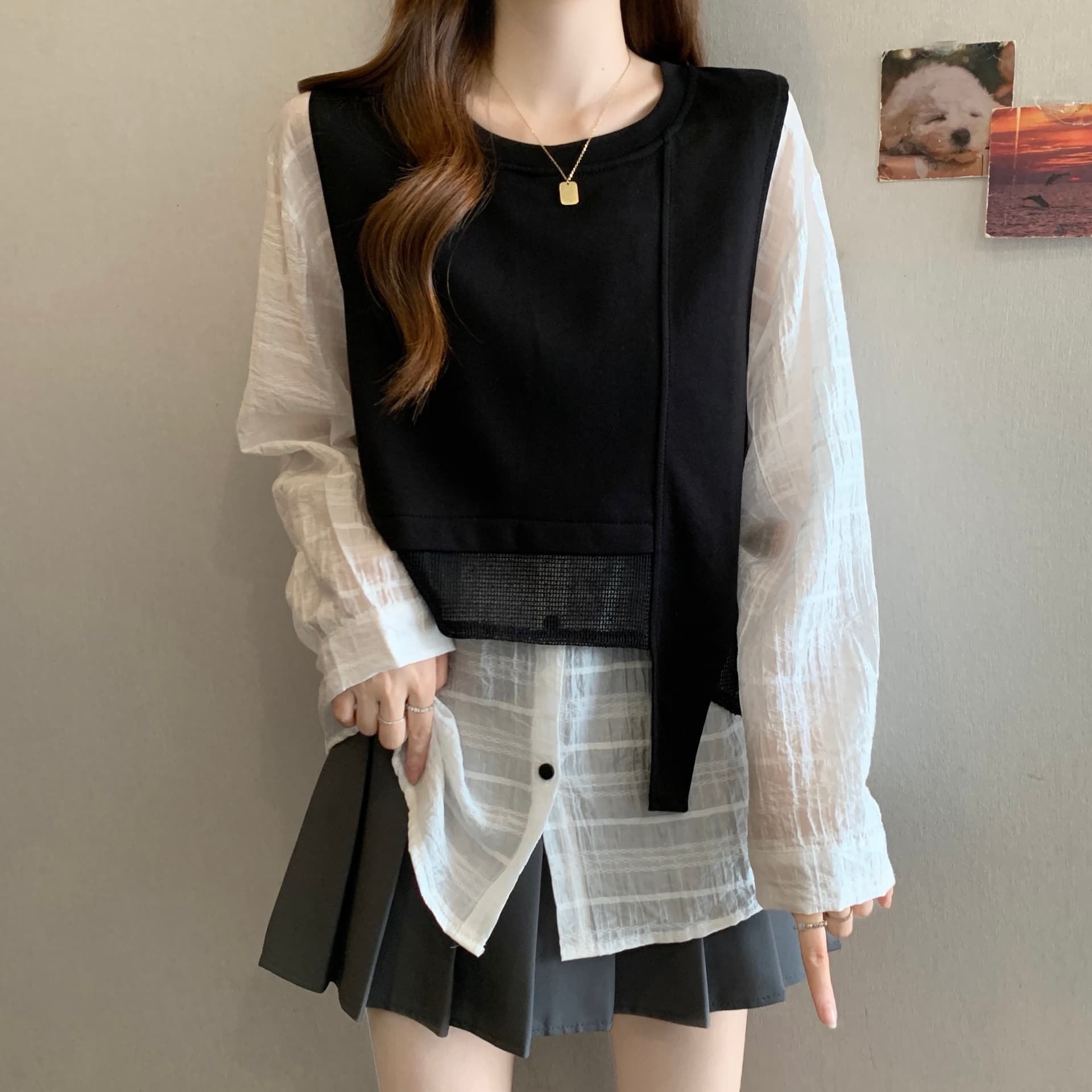 이른 가을 빅 사이즈 지방 mm 26 외국 가스 품격 디스플레이 화이트 트렌드 다용도 디자이너 캐주얼 미니멀리즘 페이크 레이어드 후드티 이미지 4