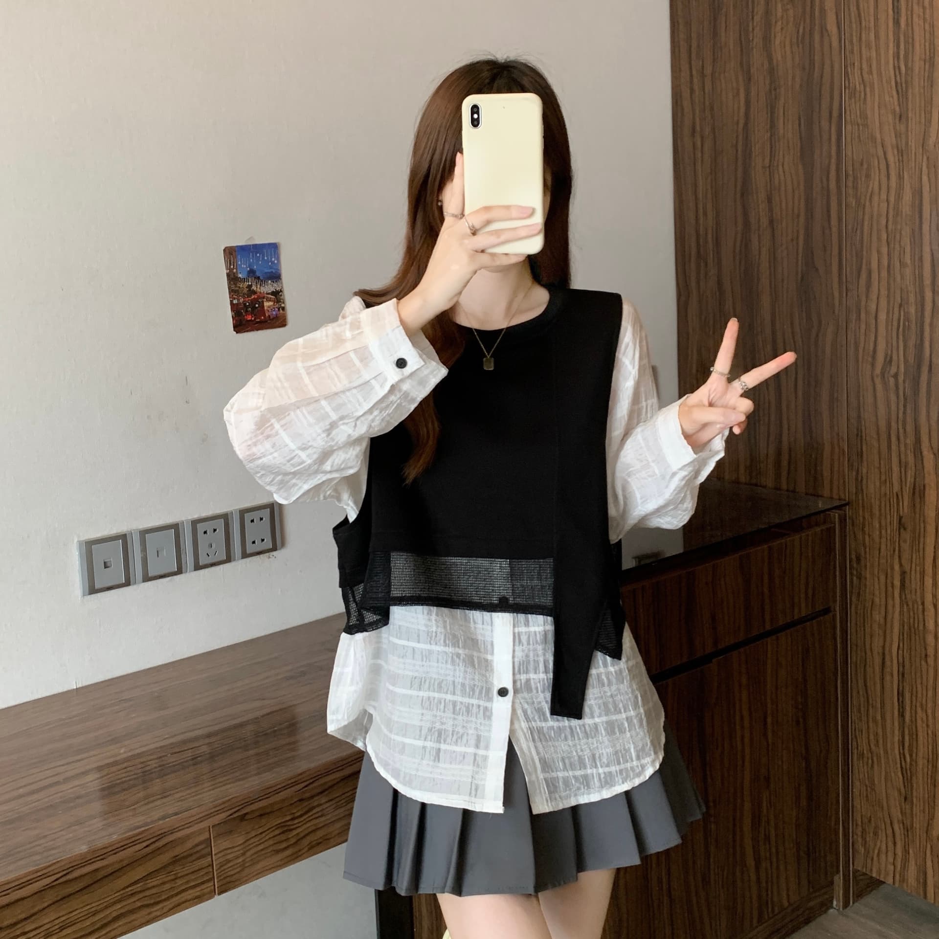 이른 가을 빅 사이즈 지방 mm 26 외국 가스 품격 디스플레이 화이트 트렌드 다용도 디자이너 캐주얼 미니멀리즘 페이크 레이어드 후드티 이미지 5