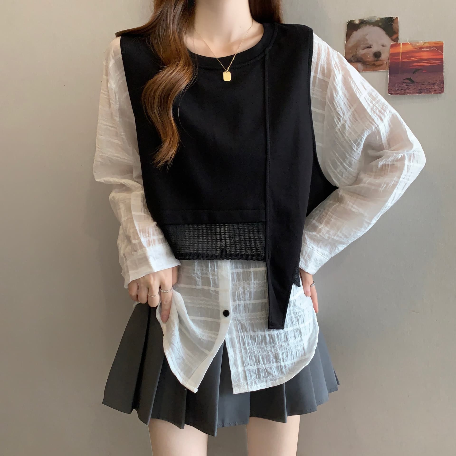 이른 가을 빅 사이즈 지방 mm 26 외국 가스 품격 디스플레이 화이트 트렌드 다용도 디자이너 캐주얼 미니멀리즘 페이크 레이어드 후드티 상세 이미지 3