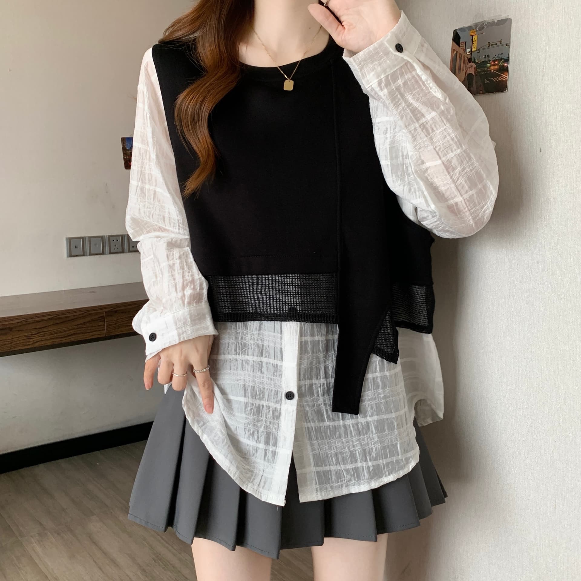 이른 가을 빅 사이즈 지방 mm 26 외국 가스 품격 디스플레이 화이트 트렌드 다용도 디자이너 캐주얼 미니멀리즘 페이크 레이어드 후드티 상세 이미지 7