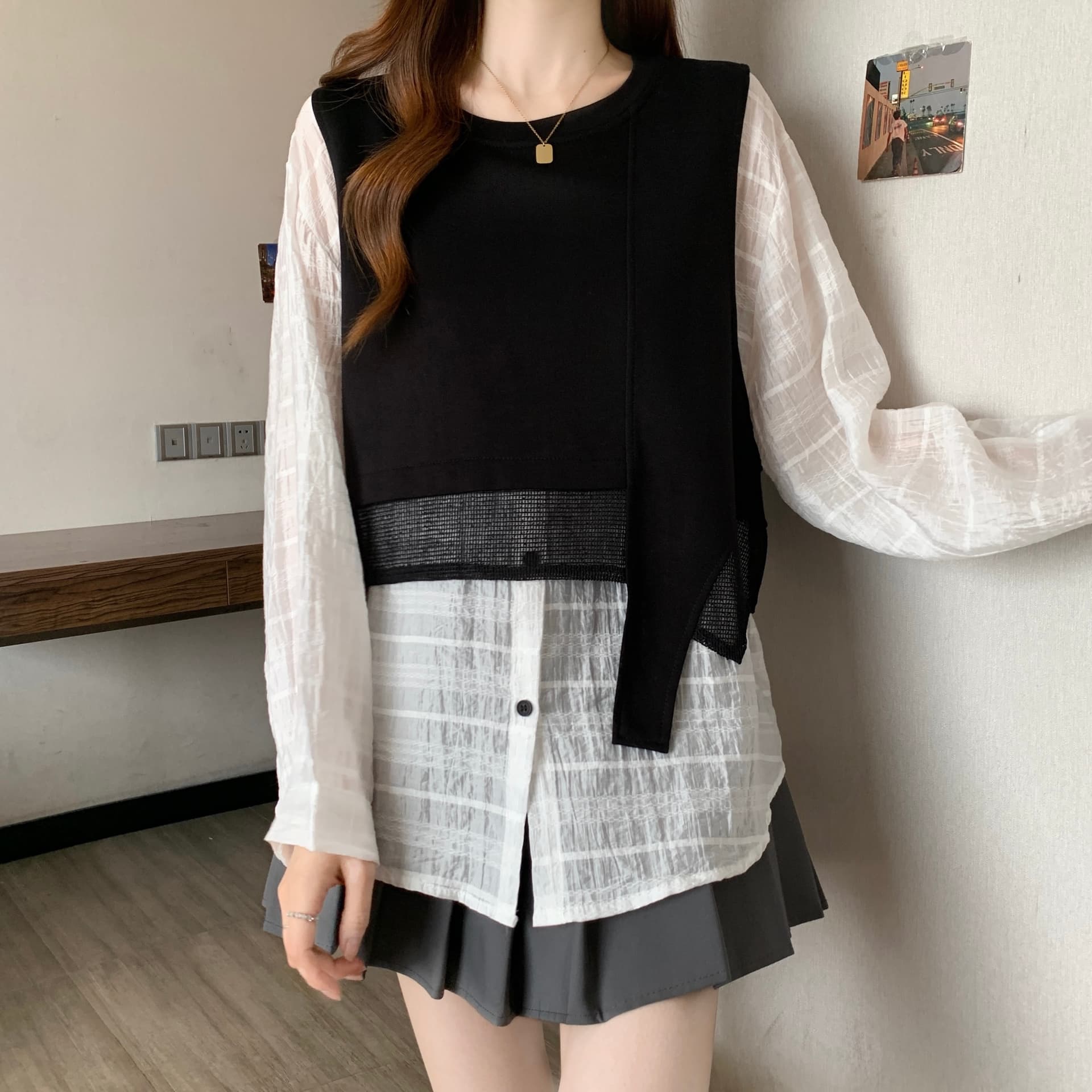 이른 가을 빅 사이즈 지방 mm 26 외국 가스 품격 디스플레이 화이트 트렌드 다용도 디자이너 캐주얼 미니멀리즘 페이크 레이어드 후드티 상세 이미지 10