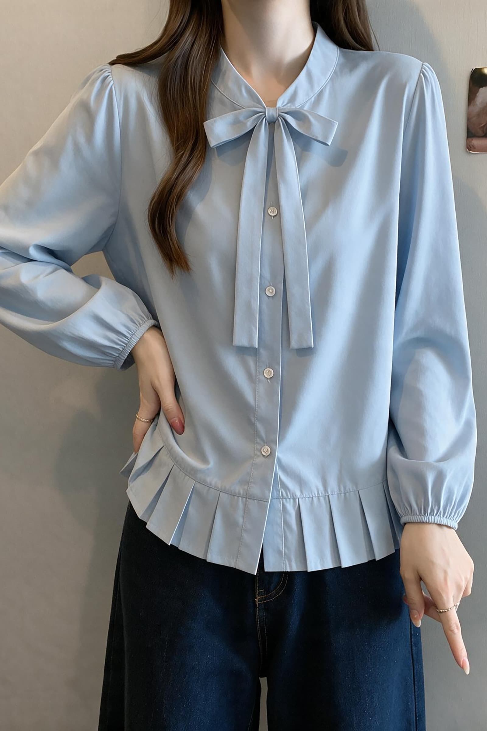 지방 mm 이른 가을 프랑스식 예술 계열 부드러운 바람 나비 넥타이 주름 여성 셔츠 하늘색 셔츠 이미지 7