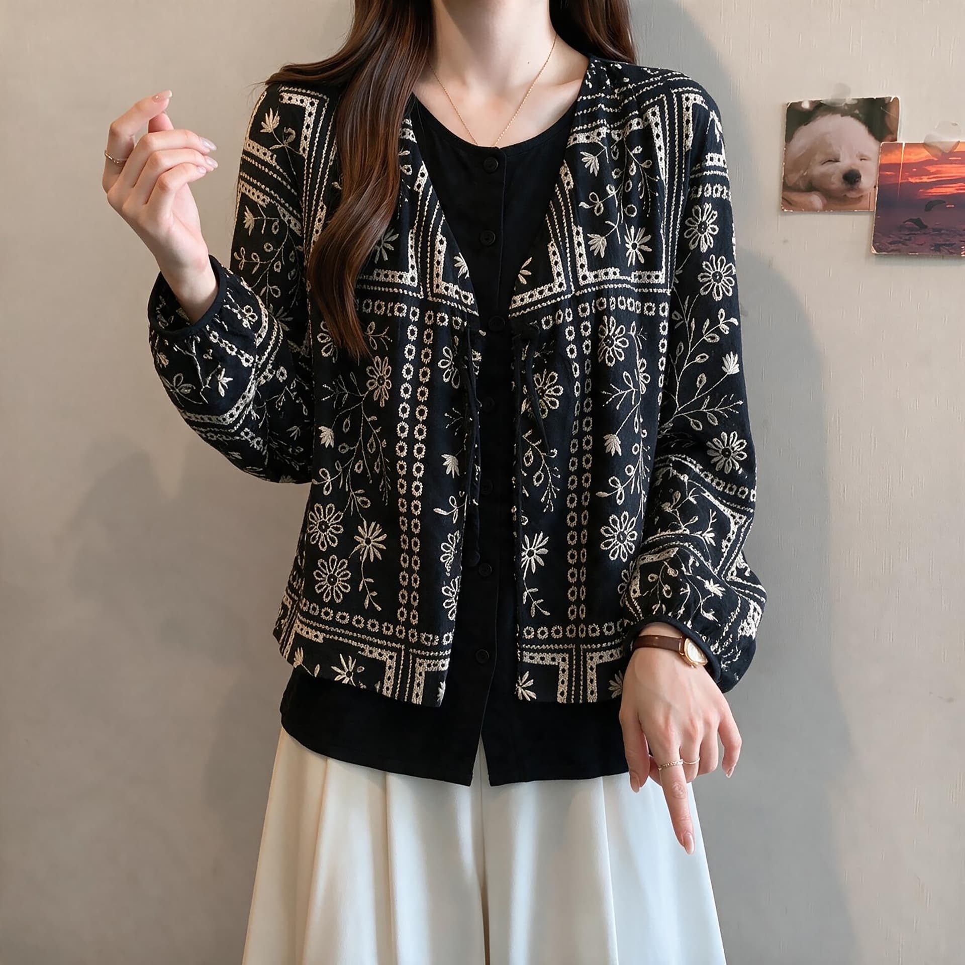 빅 사이즈 지방 mm 2026 이른 가을 새로운 패션 무거운 작업 자수 휴식 센스 표지 학위 슬림해 보이는 캐주얼 페이크 레이어드 상세 이미지 5