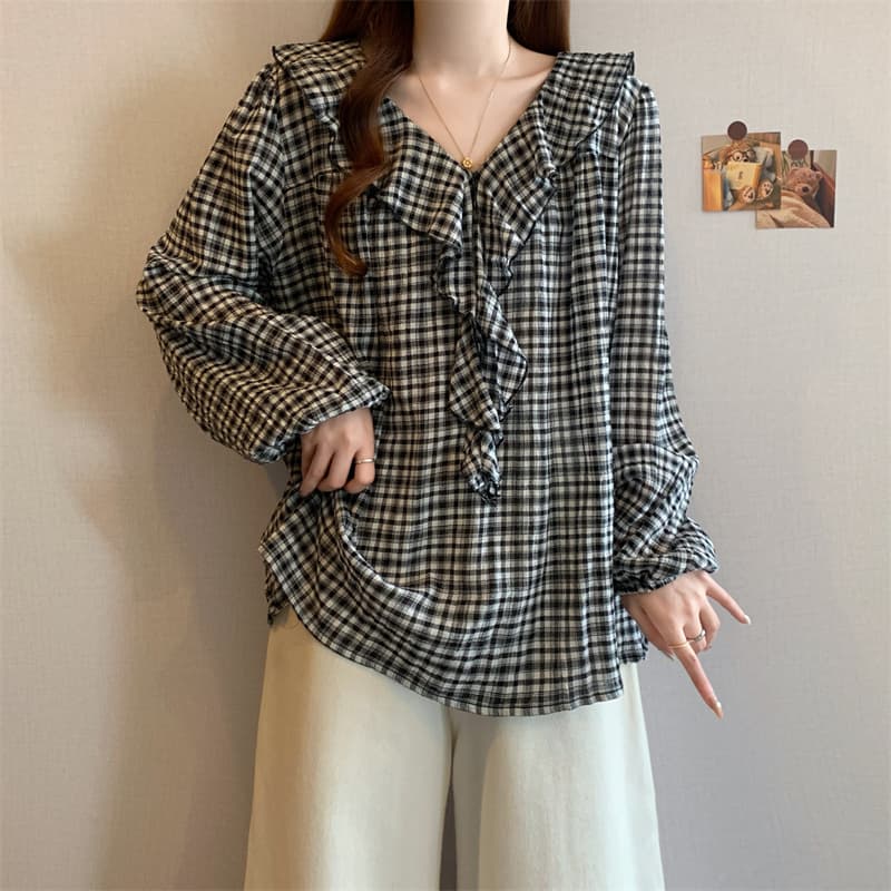 지방 mm 한 부서 레트로 체크무늬 프릴 여성 셔츠 2026 가을 새로운 긴팔 품격 V넥 고유 한 맨위 상세 이미지 7