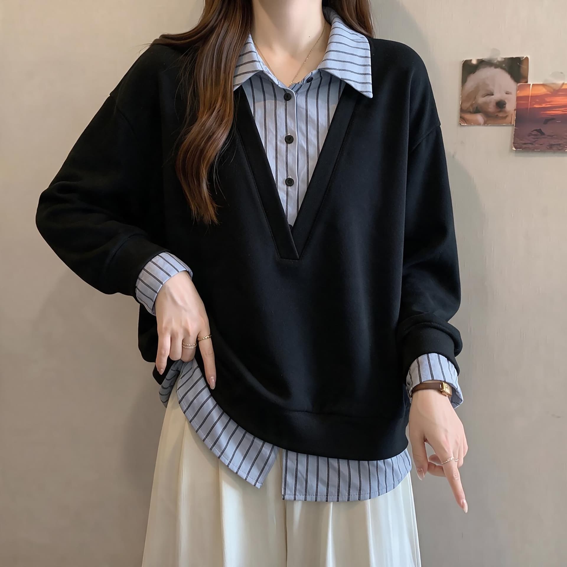 빅 사이즈 POLO 칼라 스트라이프 후드티 여성 2026 새로운 가을 빅 사이즈 지방 mm 긍정적 인 어깨 그레이트 봐. 의류 상세 이미지 3