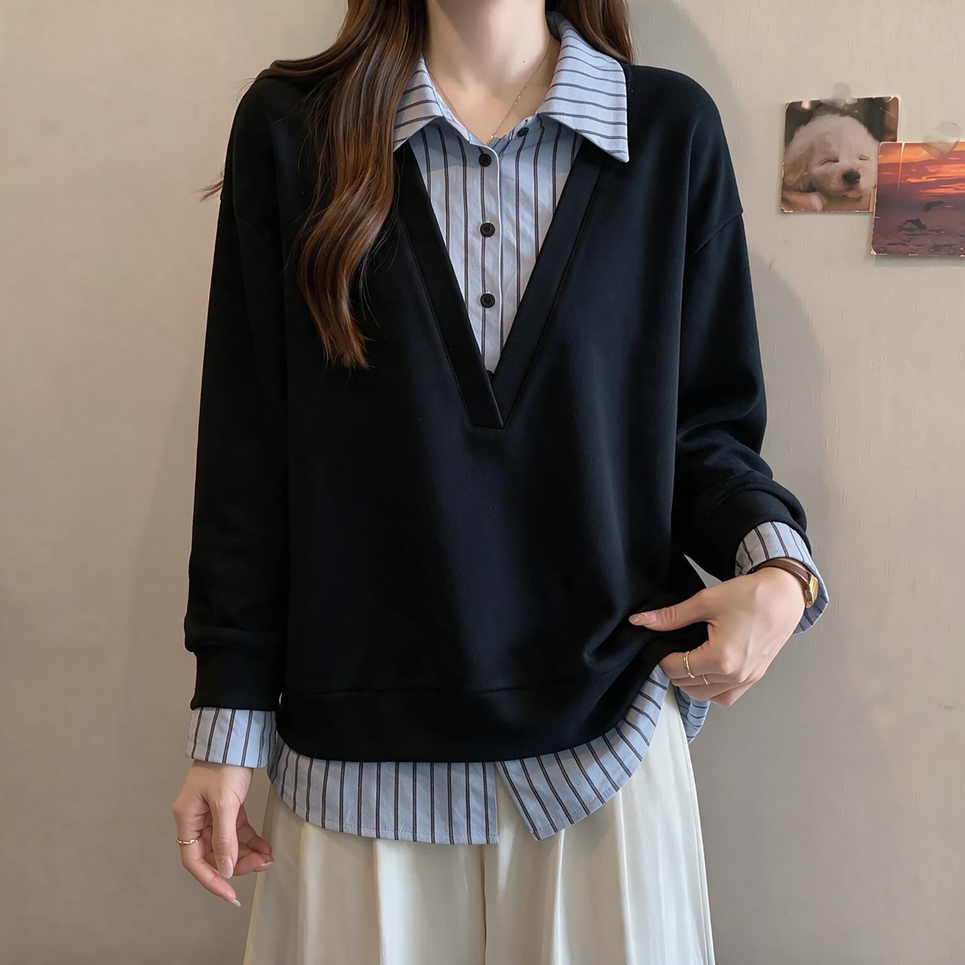 빅 사이즈 POLO 칼라 스트라이프 후드티 여성 2026 새로운 가을 빅 사이즈 지방 mm 긍정적 인 어깨 그레이트 봐. 의류 상세 이미지 4