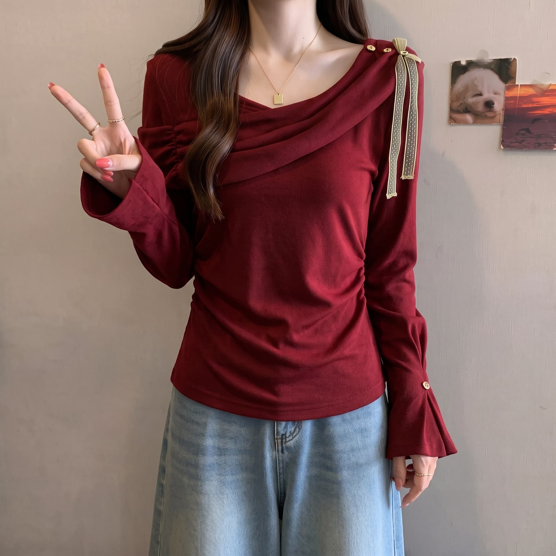 빅 사이즈 통통한 여동생 캐주얼 바람 흔들다 칼라 리본 허리 수축 긴팔 여성 이른 가을 새로운 슈퍼 잘 생긴 아름다운 고유 한 맨위 이미지 3