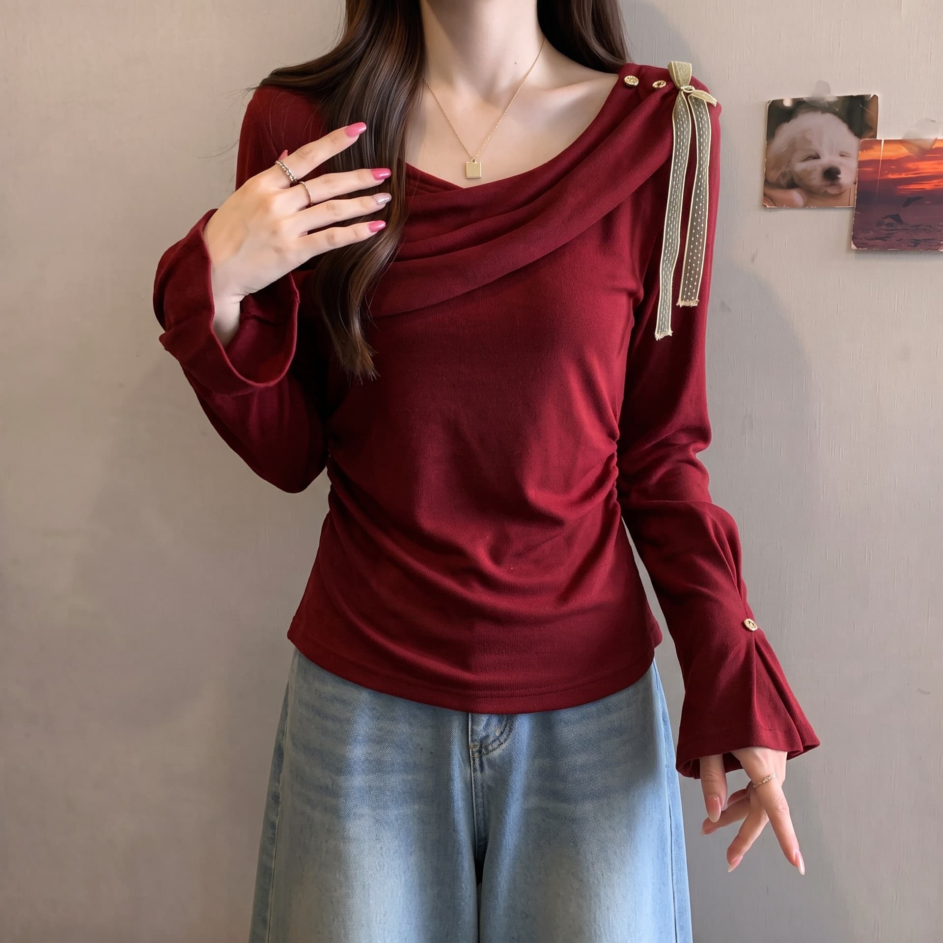 빅 사이즈 통통한 여동생 캐주얼 바람 흔들다 칼라 리본 허리 수축 긴팔 여성 이른 가을 새로운 슈퍼 잘 생긴 아름다운 고유 한 맨위 이미지 6