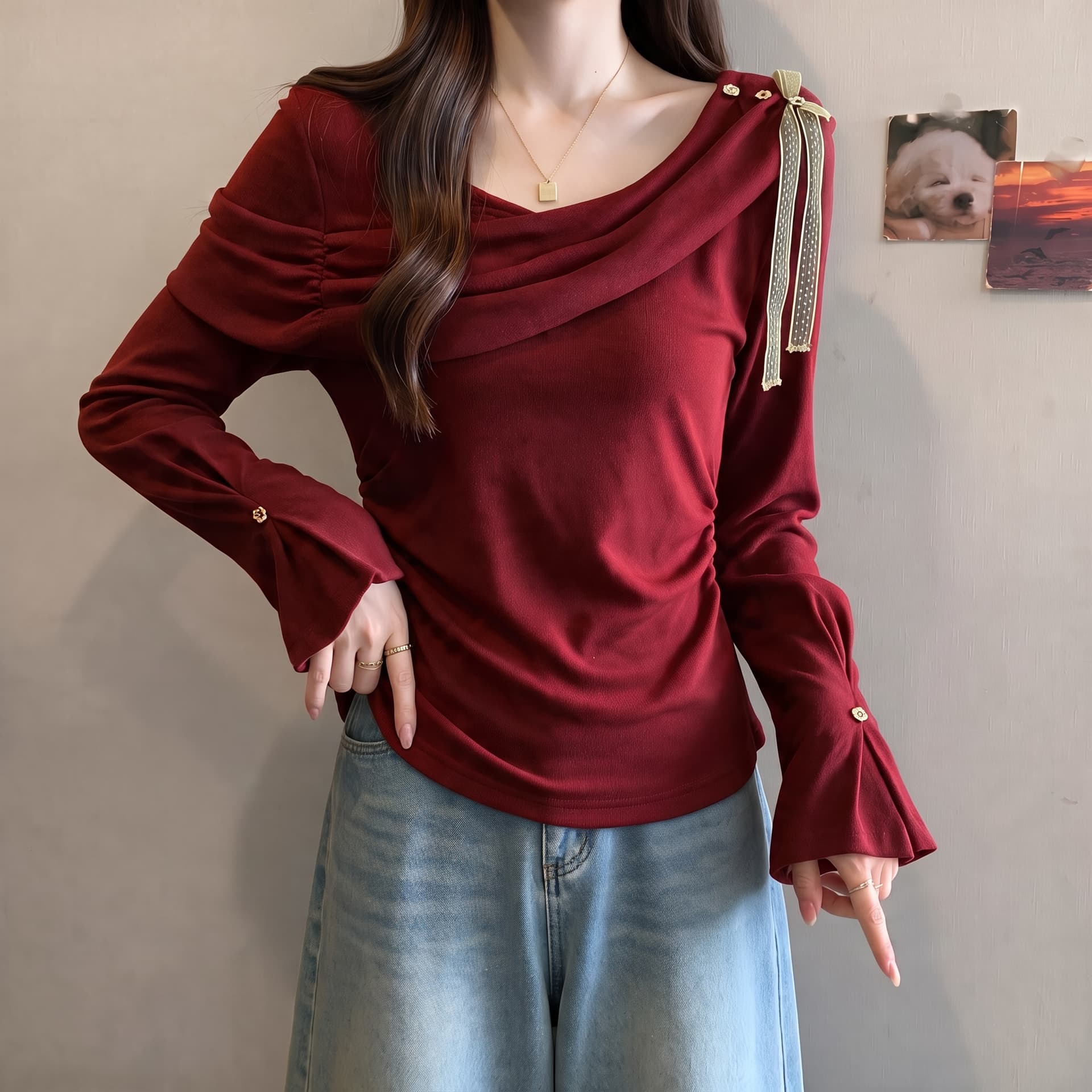 빅 사이즈 통통한 여동생 캐주얼 바람 흔들다 칼라 리본 허리 수축 긴팔 여성 이른 가을 새로운 슈퍼 잘 생긴 아름다운 고유 한 맨위 상세 이미지 2