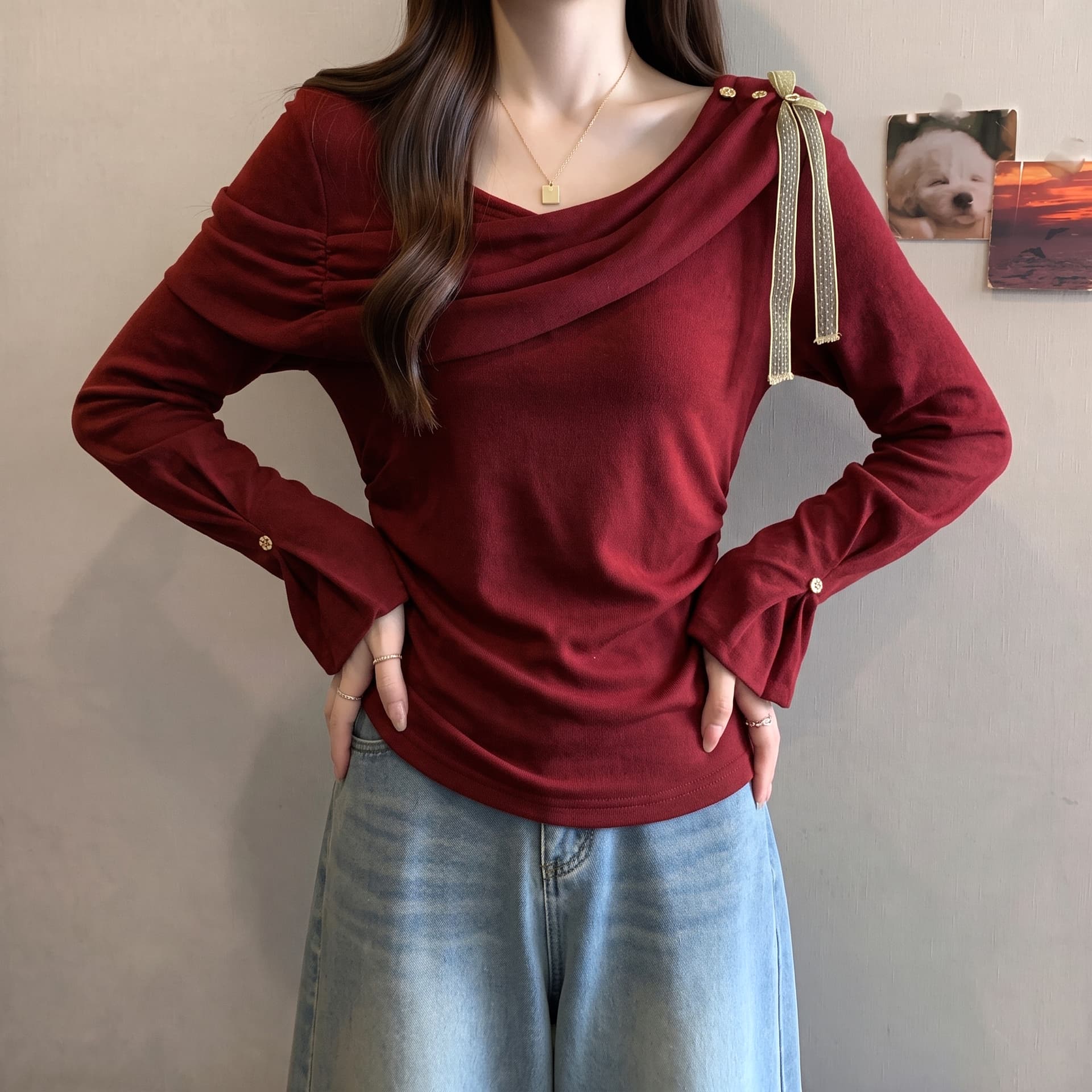 빅 사이즈 통통한 여동생 캐주얼 바람 흔들다 칼라 리본 허리 수축 긴팔 여성 이른 가을 새로운 슈퍼 잘 생긴 아름다운 고유 한 맨위 상세 이미지 3