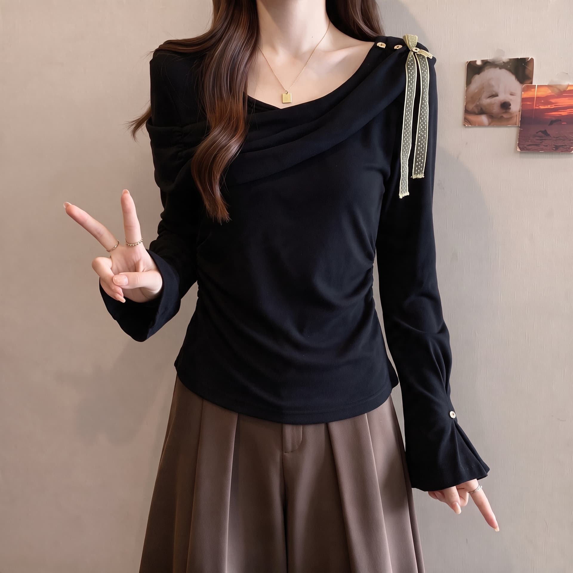 빅 사이즈 통통한 여동생 캐주얼 바람 흔들다 칼라 리본 허리 수축 긴팔 여성 이른 가을 새로운 슈퍼 잘 생긴 아름다운 고유 한 맨위 상세 이미지 2