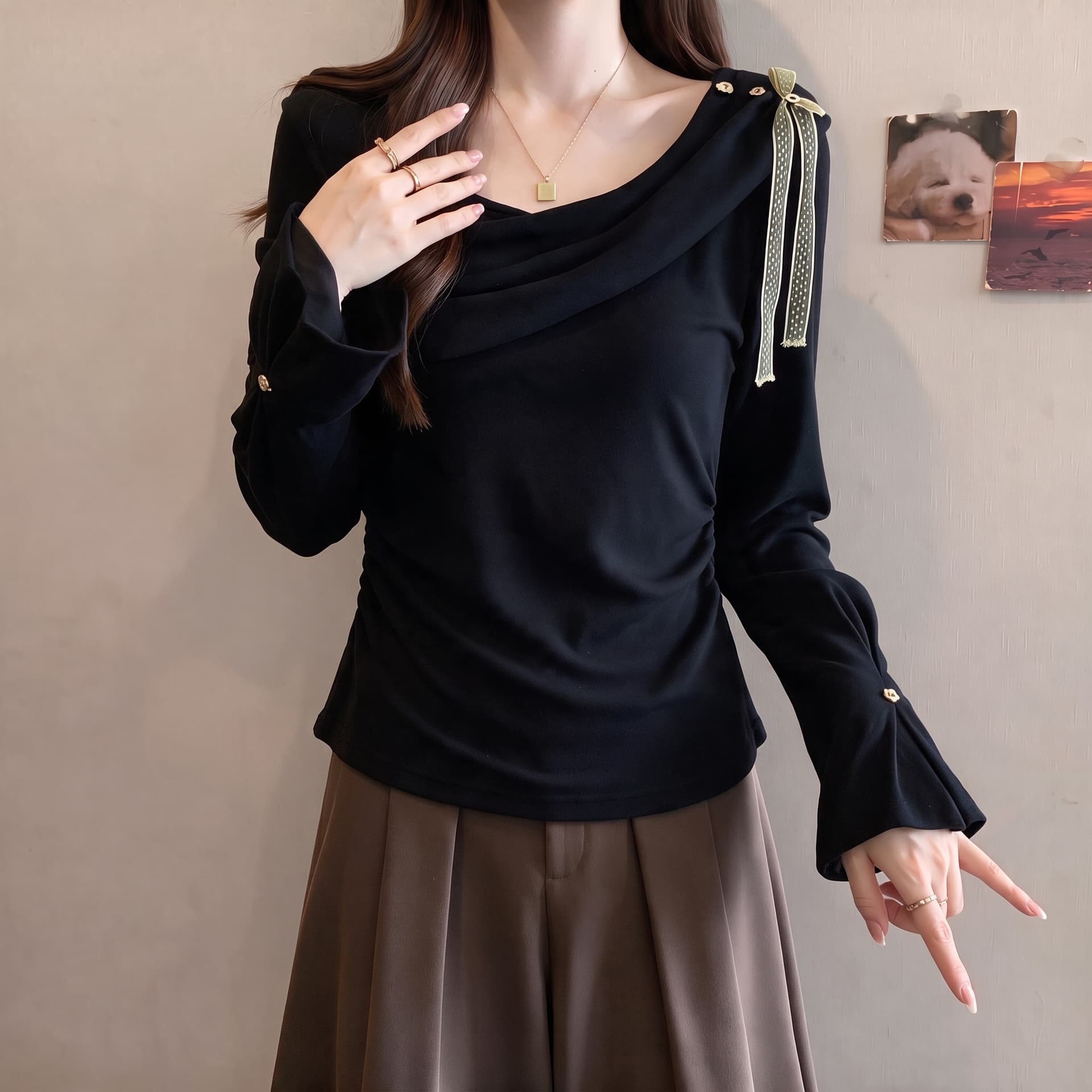 빅 사이즈 통통한 여동생 캐주얼 바람 흔들다 칼라 리본 허리 수축 긴팔 여성 이른 가을 새로운 슈퍼 잘 생긴 아름다운 고유 한 맨위 상세 이미지 5