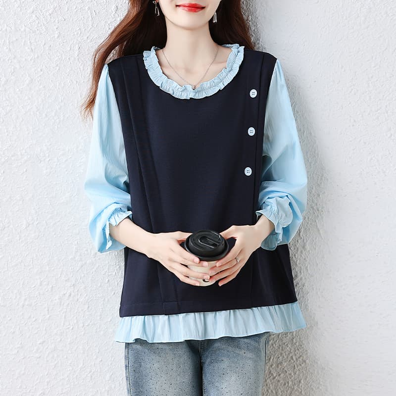 지방 mm 프릴 라운드 넥 페이크 레이어드 셔츠 빅 사이즈 2026 가을 의상 새로운 루즈핏 표지 고기 맨위 이미지 5