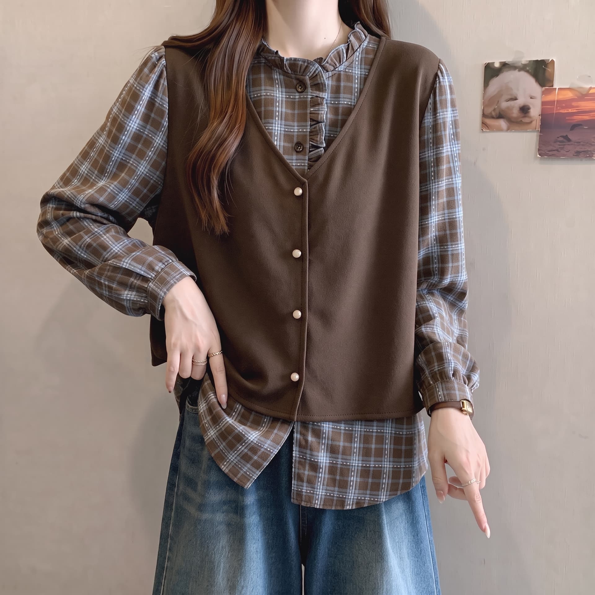 빅 사이즈 지방 mm 레트로 페이크 레이어드 체크무늬 패치워크 여성 셔츠 2026 가을 새로운 긴팔 루즈핏 맨위 상세 이미지 2