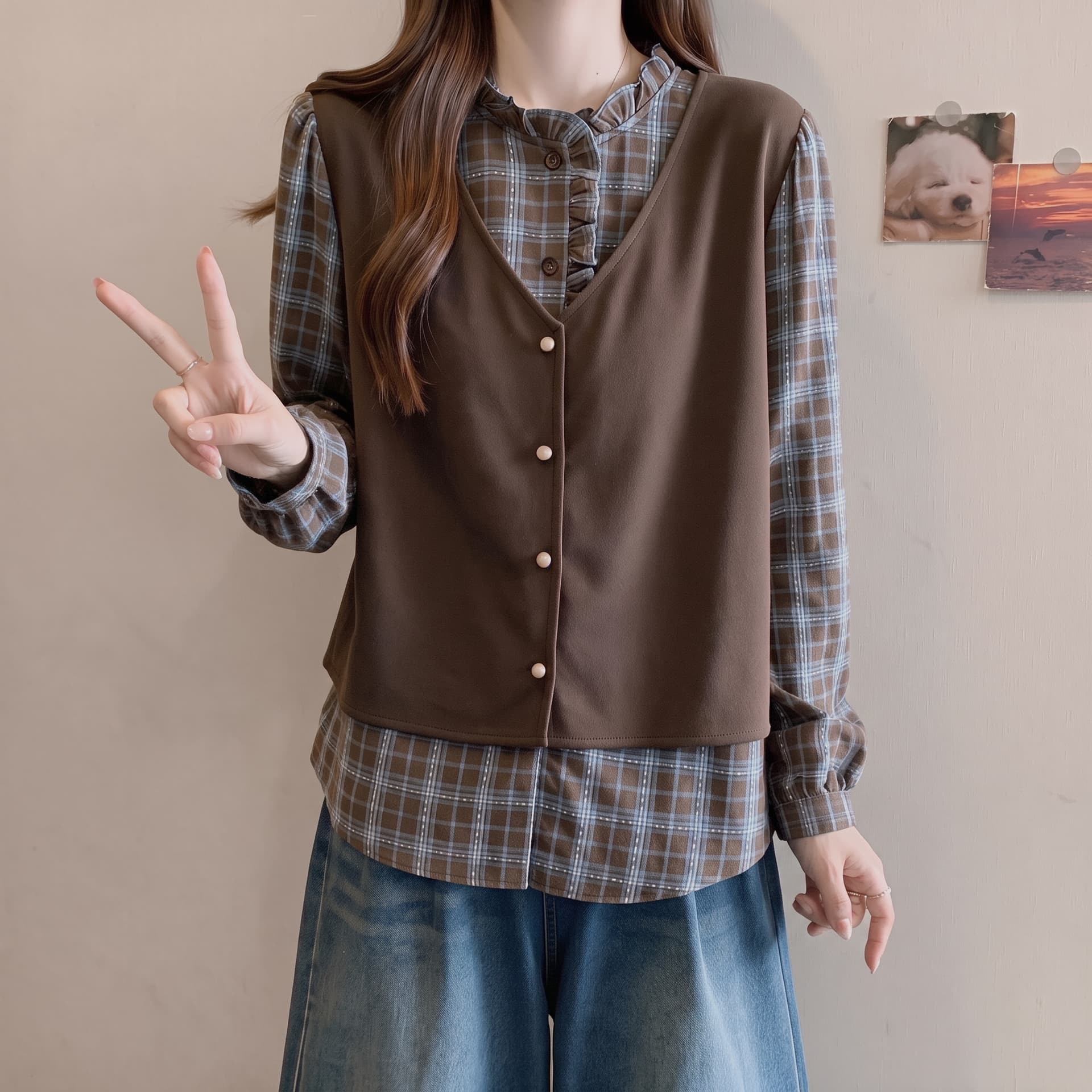 빅 사이즈 지방 mm 레트로 페이크 레이어드 체크무늬 패치워크 여성 셔츠 2026 가을 새로운 긴팔 루즈핏 맨위 상세 이미지 3