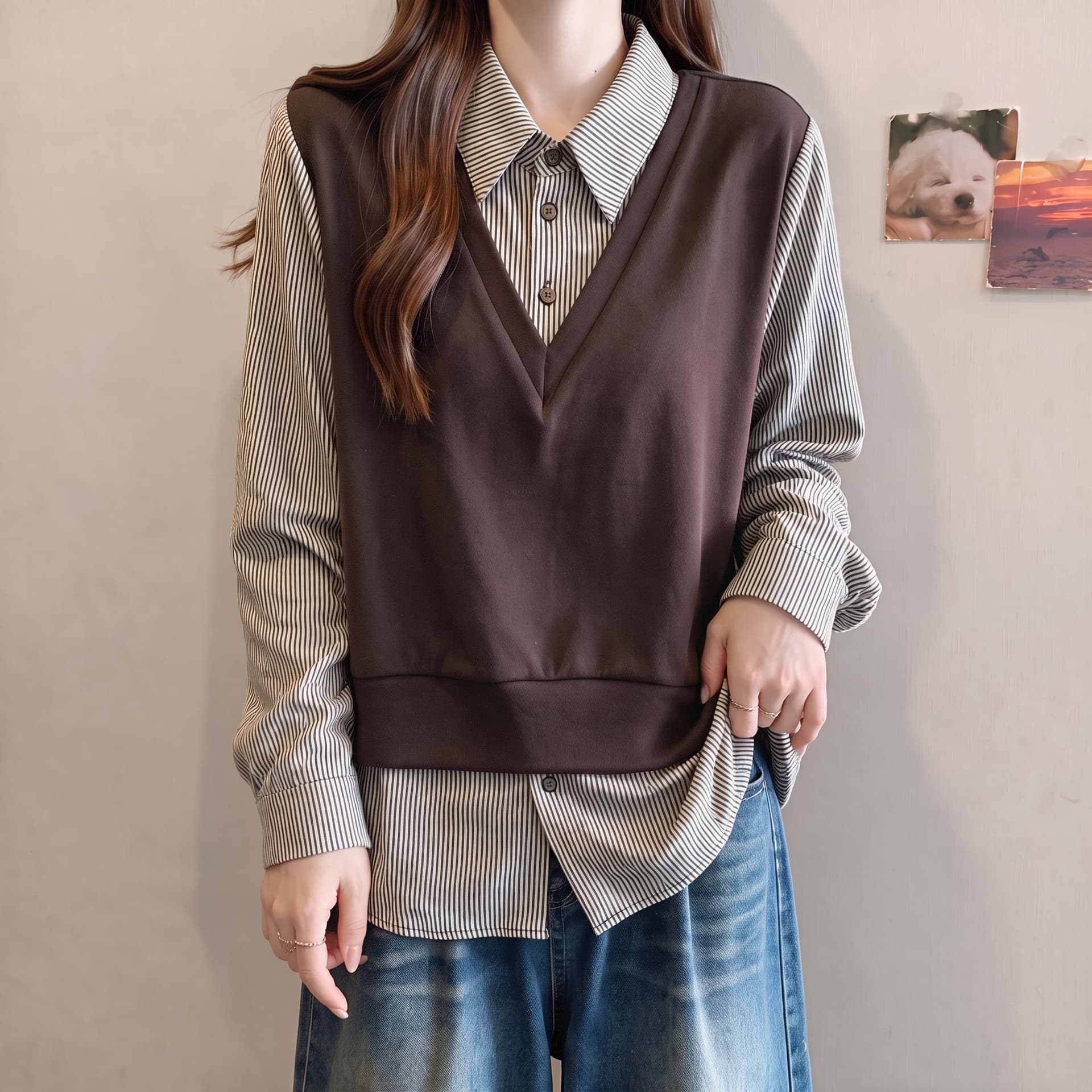 지방 mm 문예 레트로 페이크 레이어드 폴로 칼라 긴팔 여성 2026 가을 새로운 체크무늬 패치워크 POLO 칼라 맨위 이미지 6