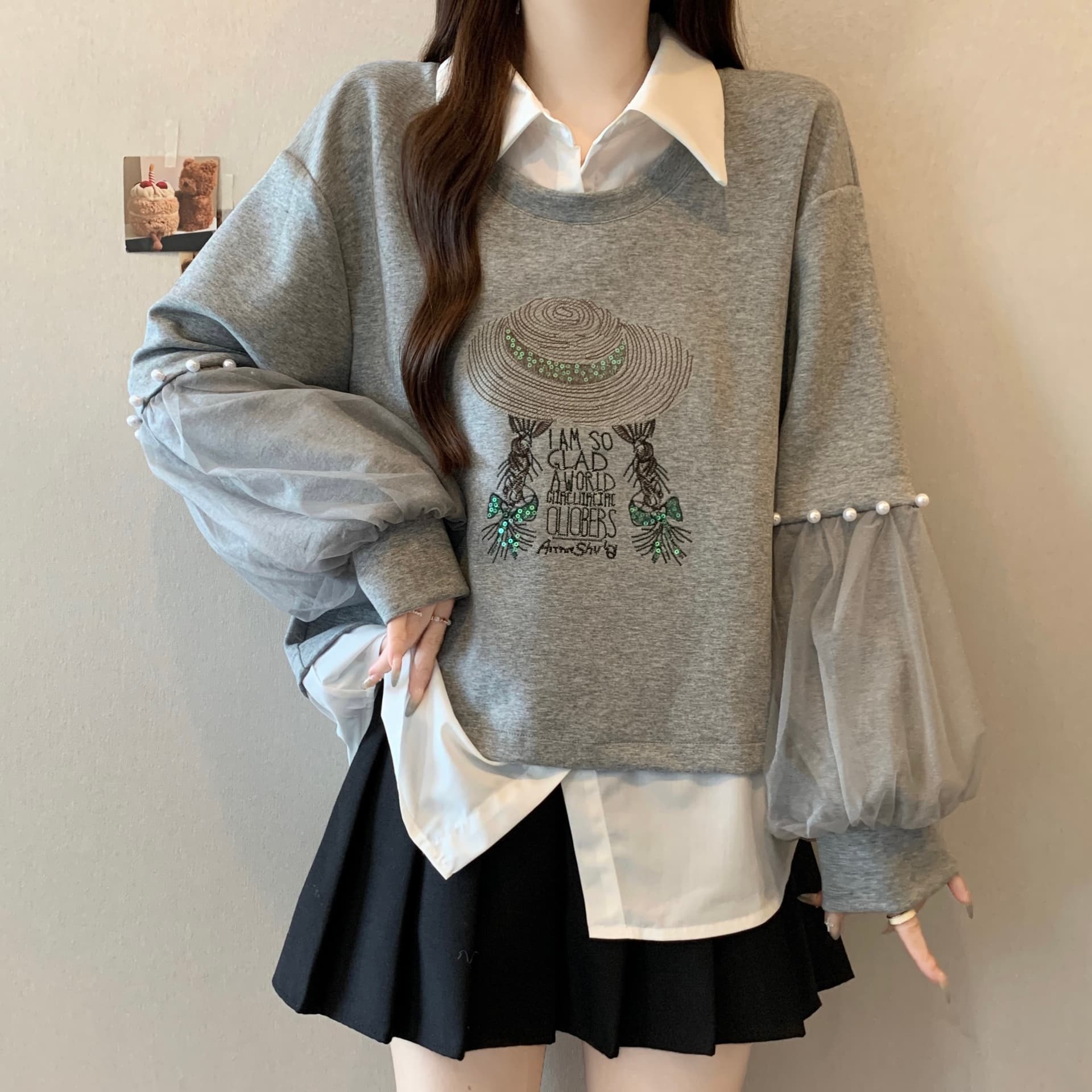 망사 비즈 박기 패치워크 페이크 레이어드 후드티 여성 지방 mm 디자인 센스 밀짚모자 소녀 루즈핏 슬림해 보이는 POLO 칼라 맨위 상세 이미지 1