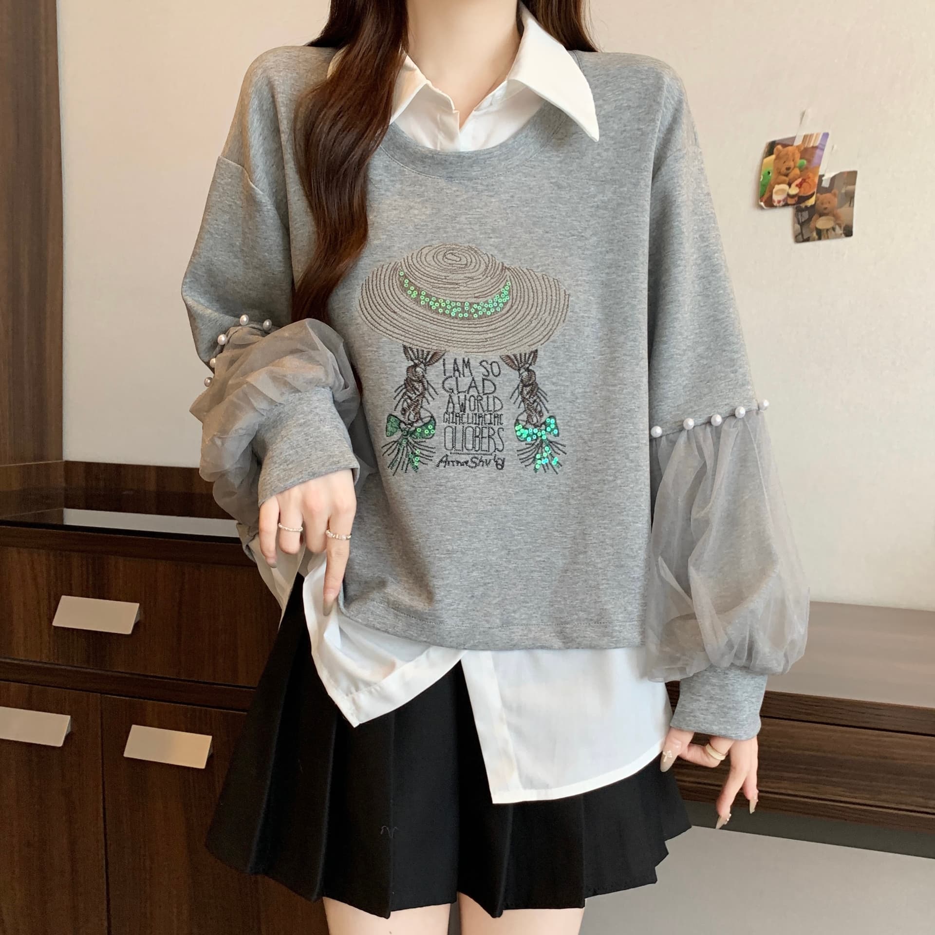망사 비즈 박기 패치워크 페이크 레이어드 후드티 여성 지방 mm 디자인 센스 밀짚모자 소녀 루즈핏 슬림해 보이는 POLO 칼라 맨위 상세 이미지 7