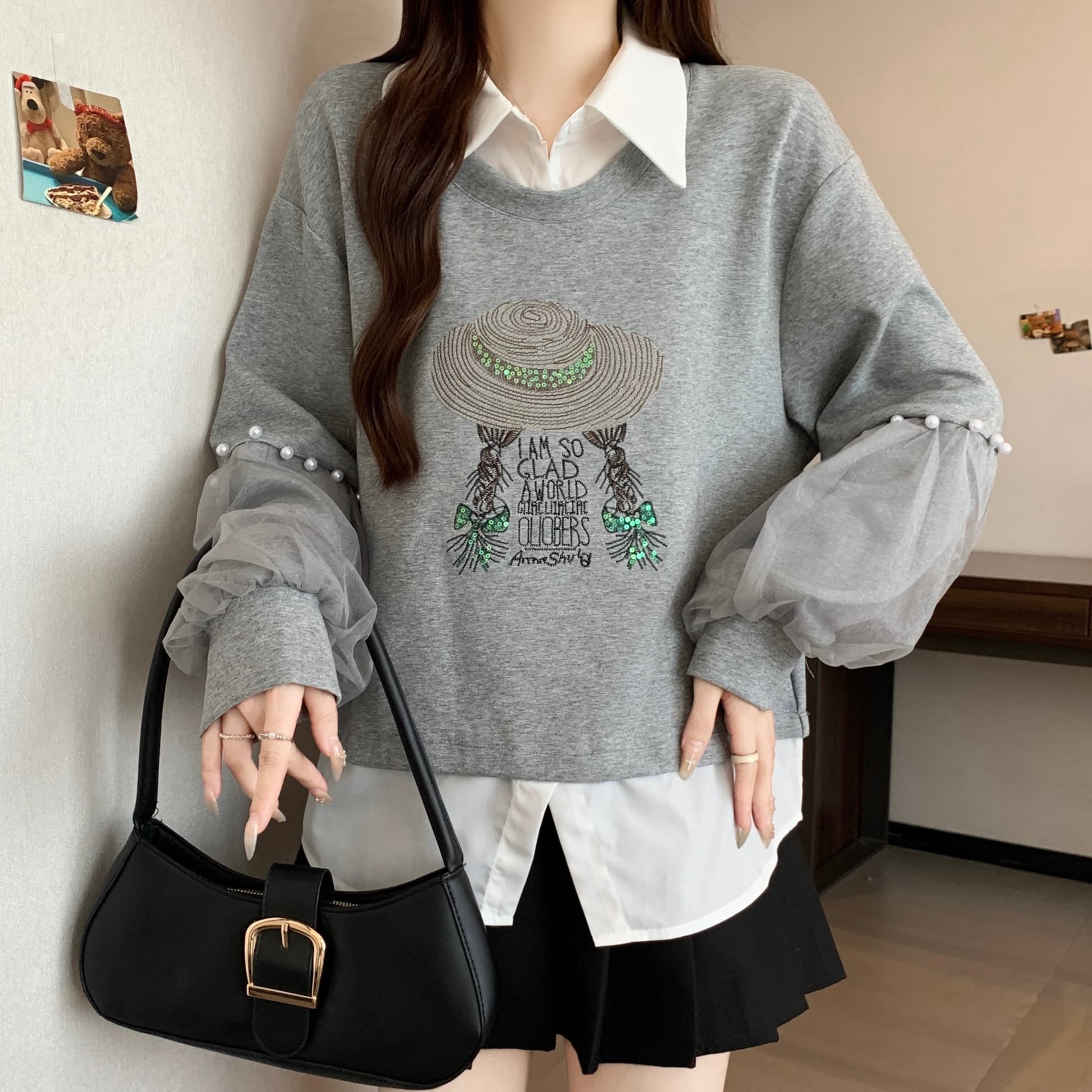 망사 비즈 박기 패치워크 페이크 레이어드 후드티 여성 지방 mm 디자인 센스 밀짚모자 소녀 루즈핏 슬림해 보이는 POLO 칼라 맨위 상세 이미지 8