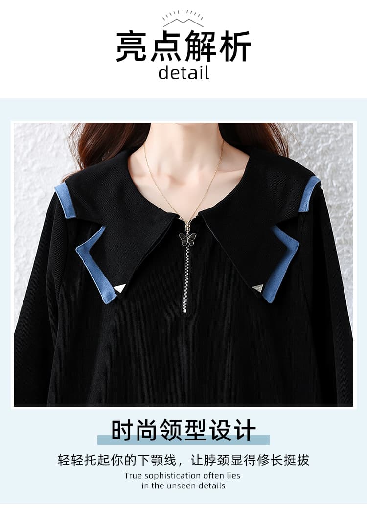 조수 브랜드 반 개방 칼라 지퍼 베이비 칼라 후드티 여성 가을 의상 빅 사이즈 통통한 여동생 레트로 품격 다용도 루즈핏 맨위 상세 이미지 5