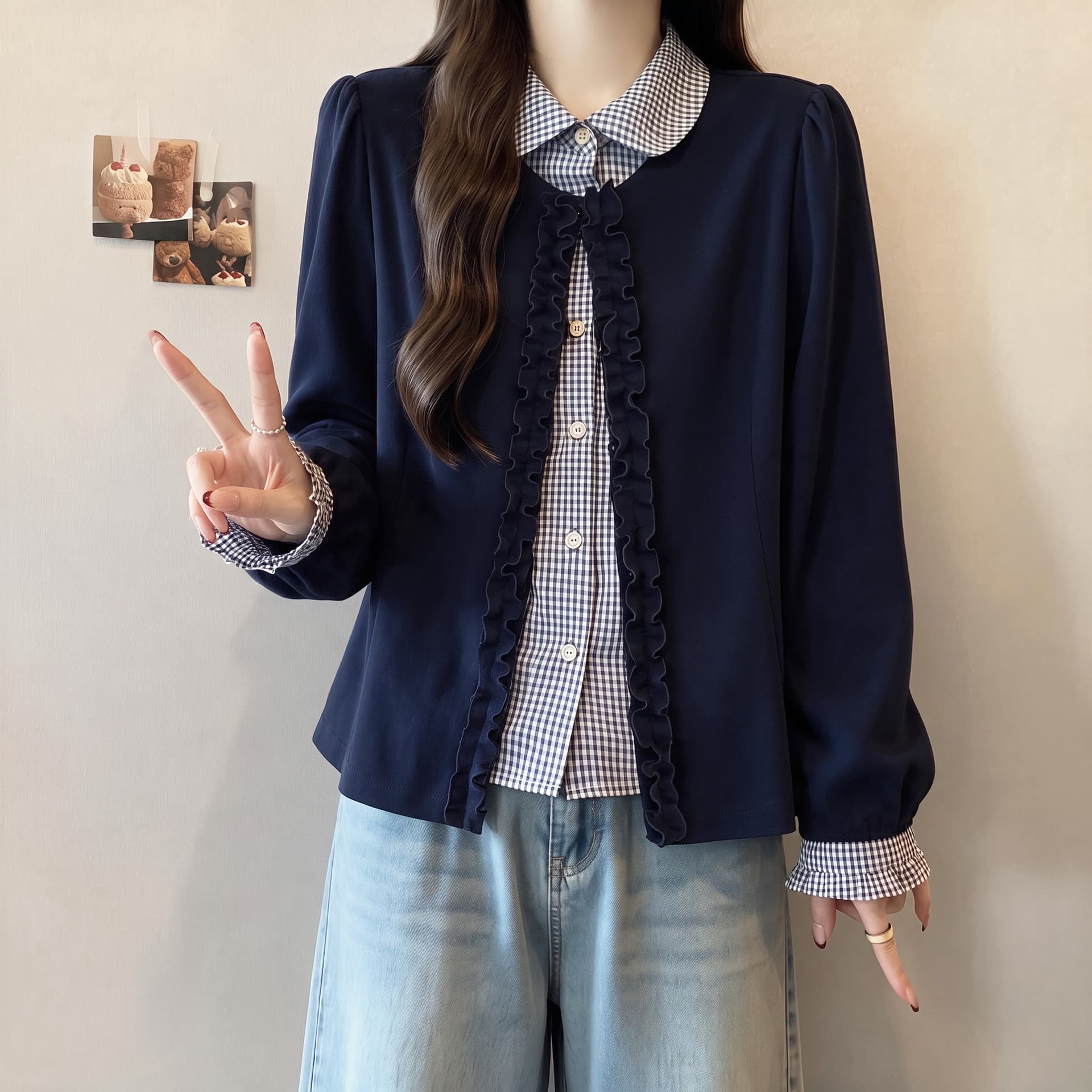 빅 사이즈 연령 감소 베이비 칼라 한 셔츠 페이크 레이어드 맨위 2026 이른 가을 새로운 지방 mm 슬림해 보이는 표지 고기 긴팔 이미지 2