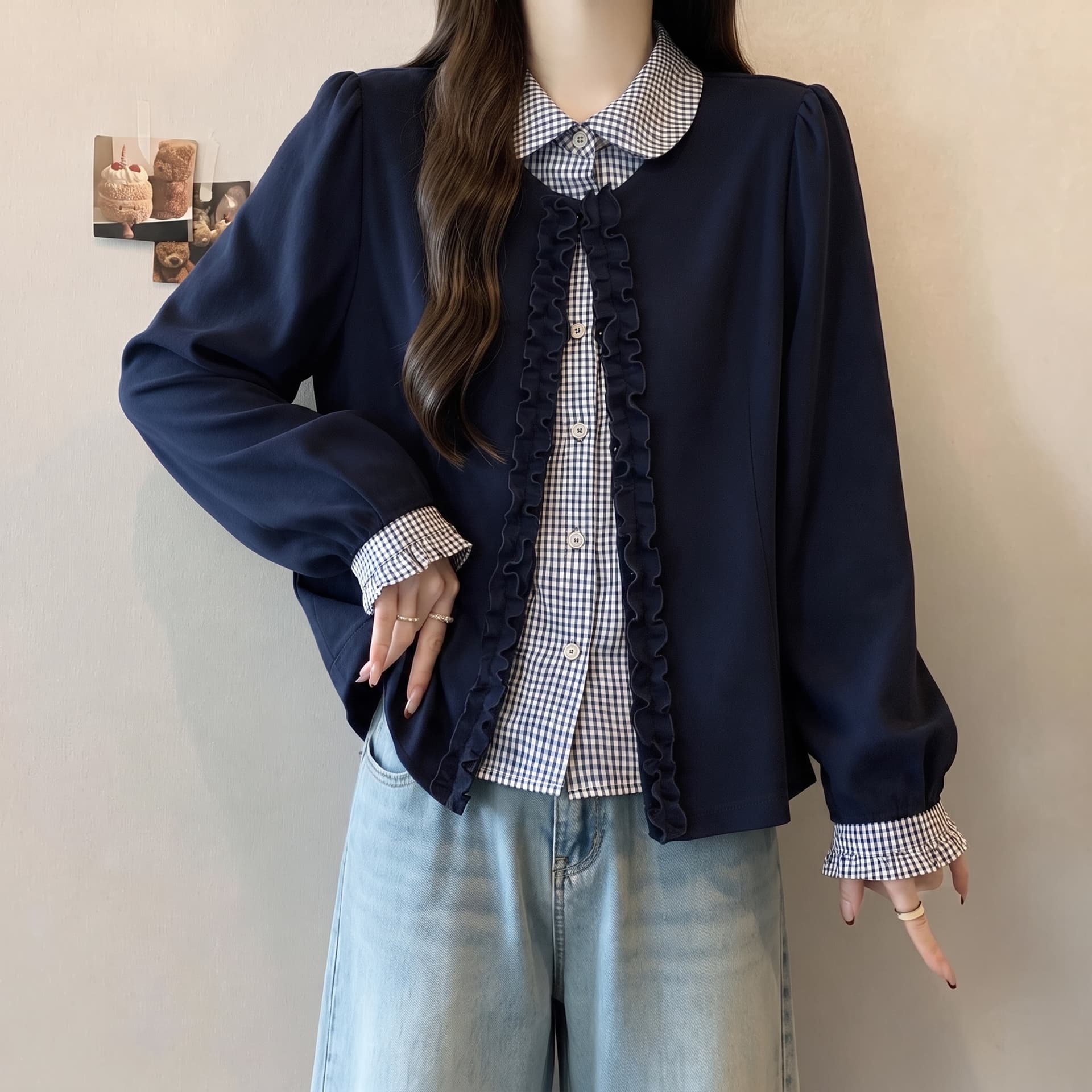 빅 사이즈 연령 감소 베이비 칼라 한 셔츠 페이크 레이어드 맨위 2026 이른 가을 새로운 지방 mm 슬림해 보이는 표지 고기 긴팔 상세 이미지 2