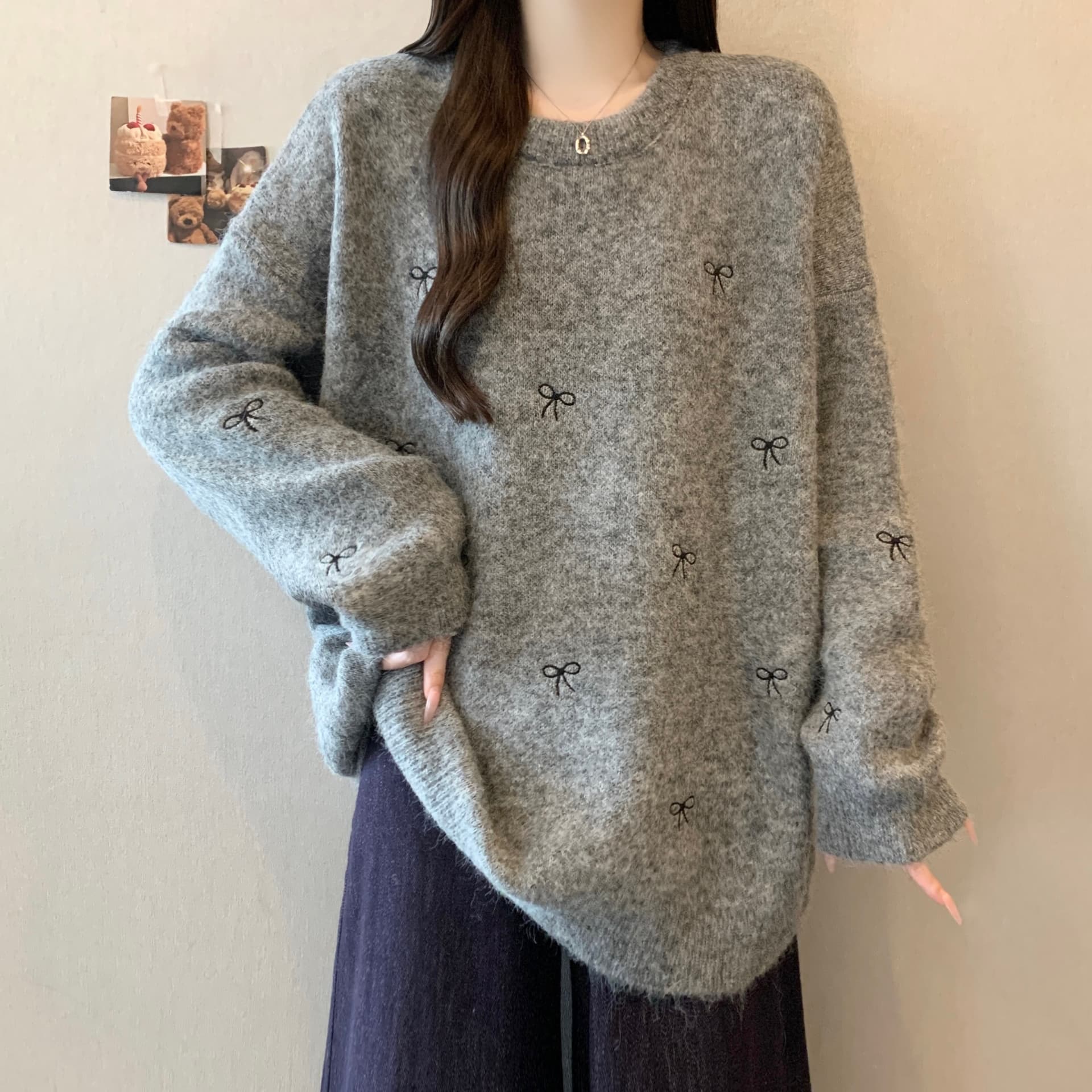 지방 mm 가을 겨울철 나비 매듭 라운드 넥 가을 겨울 스웨터 달콤함 새로운 루즈핏 느긋한 니트 스웨터 귀여운 맨위 이미지 5
