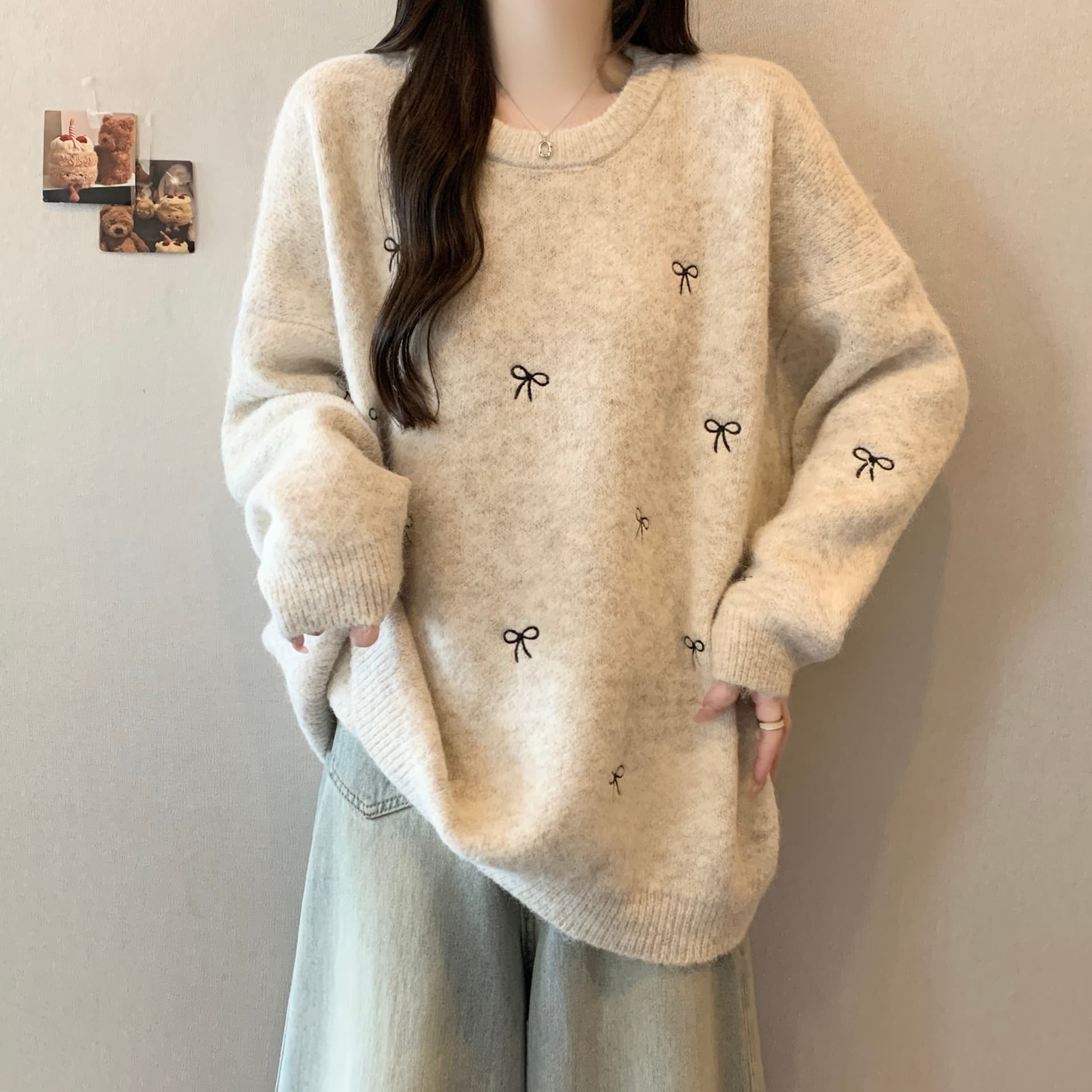 지방 mm 가을 겨울철 나비 매듭 라운드 넥 가을 겨울 스웨터 달콤함 새로운 루즈핏 느긋한 니트 스웨터 귀여운 맨위 상세 이미지 4