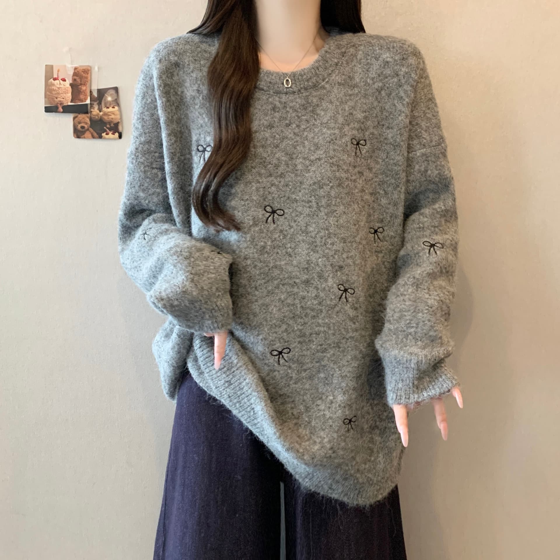 지방 mm 가을 겨울철 나비 매듭 라운드 넥 가을 겨울 스웨터 달콤함 새로운 루즈핏 느긋한 니트 스웨터 귀여운 맨위 상세 이미지 14