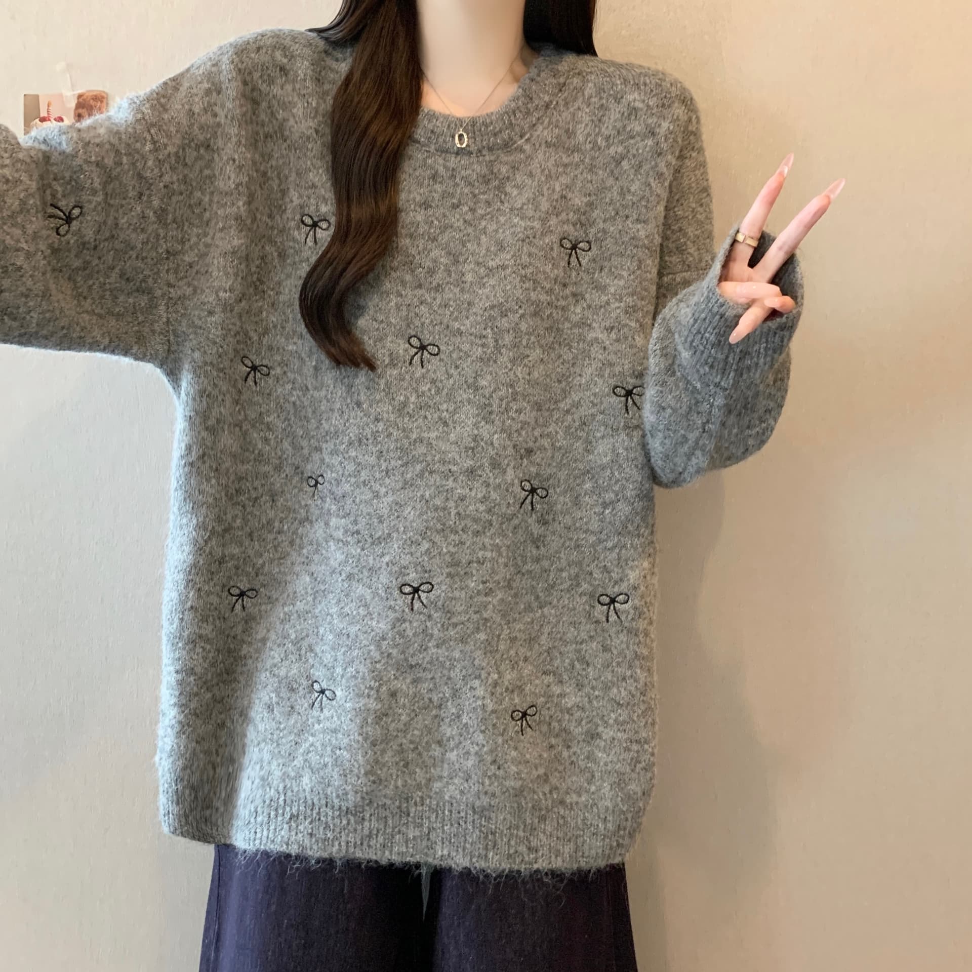지방 mm 가을 겨울철 나비 매듭 라운드 넥 가을 겨울 스웨터 달콤함 새로운 루즈핏 느긋한 니트 스웨터 귀여운 맨위 상세 이미지 15
