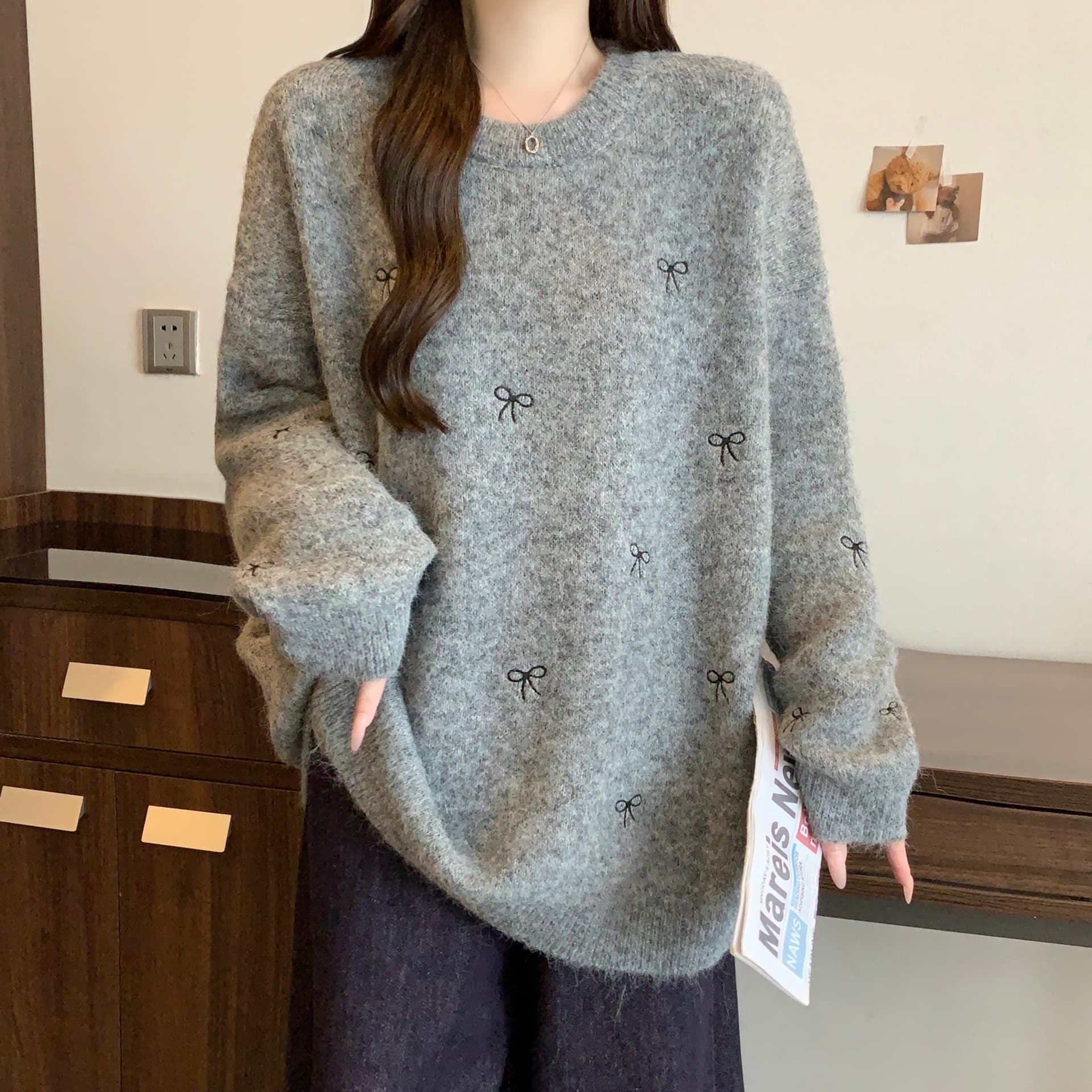지방 mm 가을 겨울철 나비 매듭 라운드 넥 가을 겨울 스웨터 달콤함 새로운 루즈핏 느긋한 니트 스웨터 귀여운 맨위 상세 이미지 16