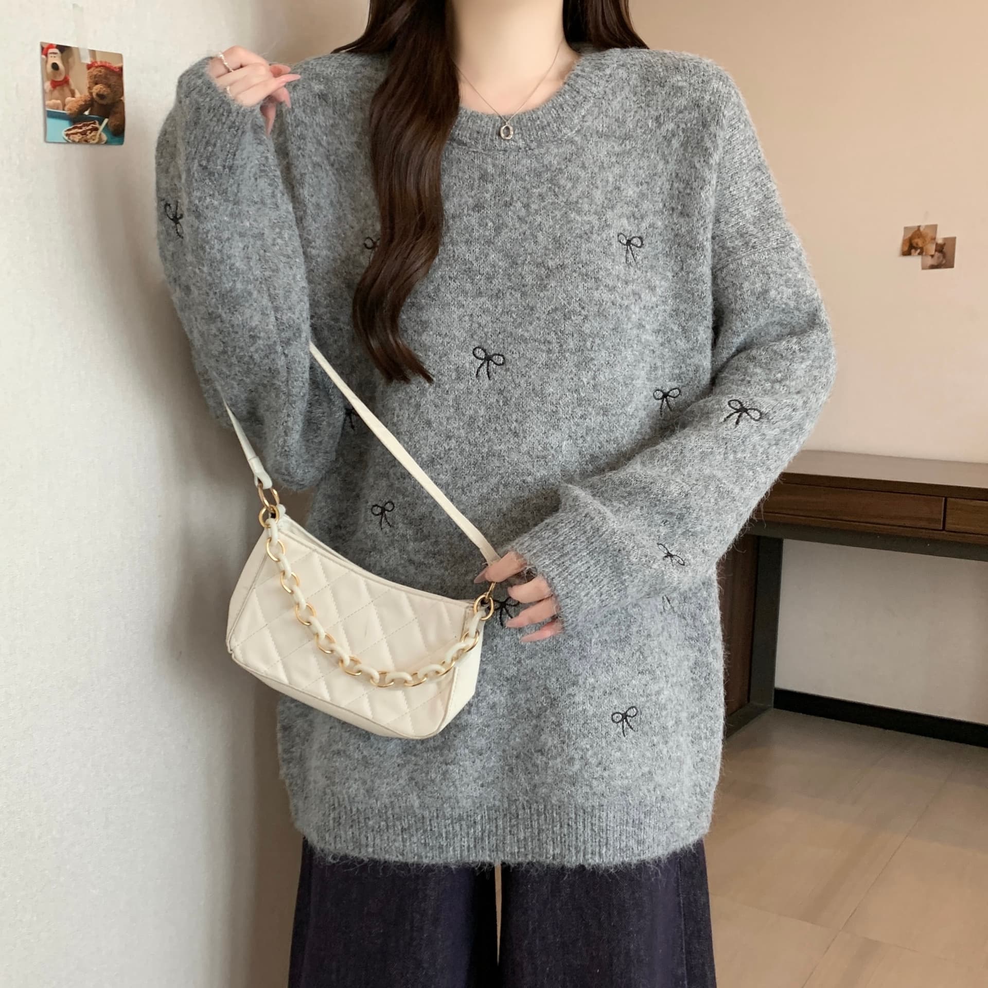 지방 mm 가을 겨울철 나비 매듭 라운드 넥 가을 겨울 스웨터 달콤함 새로운 루즈핏 느긋한 니트 스웨터 귀여운 맨위 상세 이미지 18
