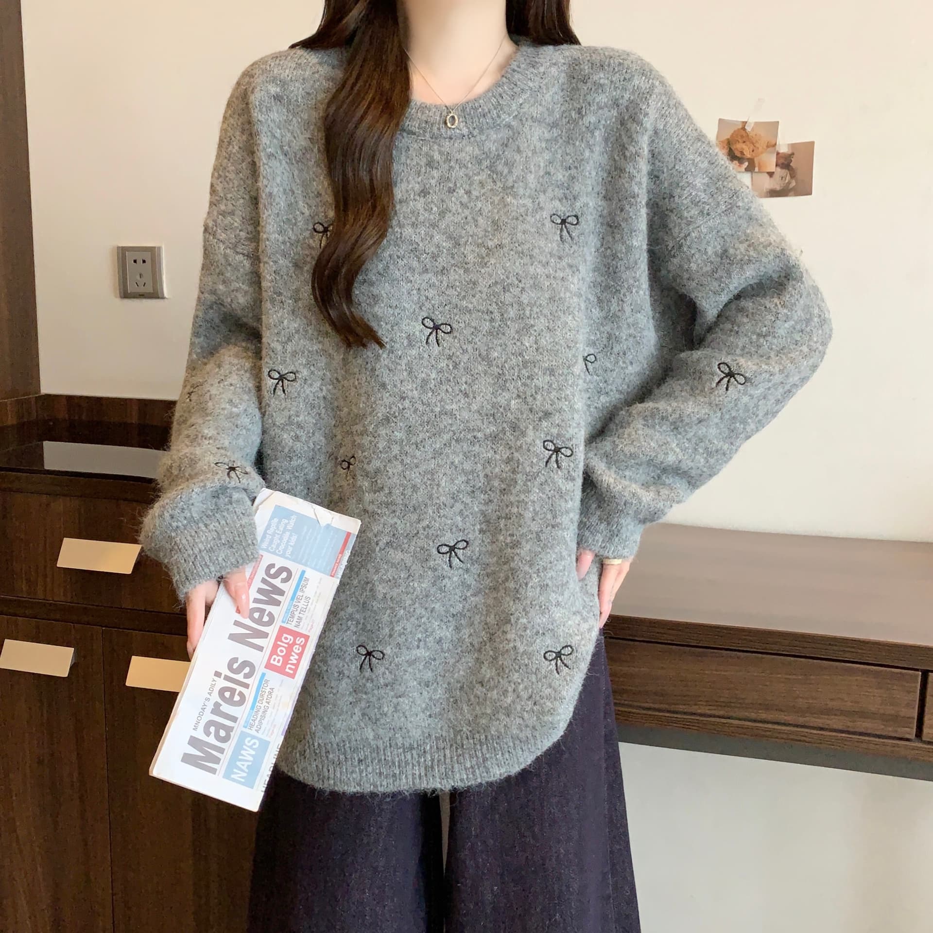 지방 mm 가을 겨울철 나비 매듭 라운드 넥 가을 겨울 스웨터 달콤함 새로운 루즈핏 느긋한 니트 스웨터 귀여운 맨위 상세 이미지 19