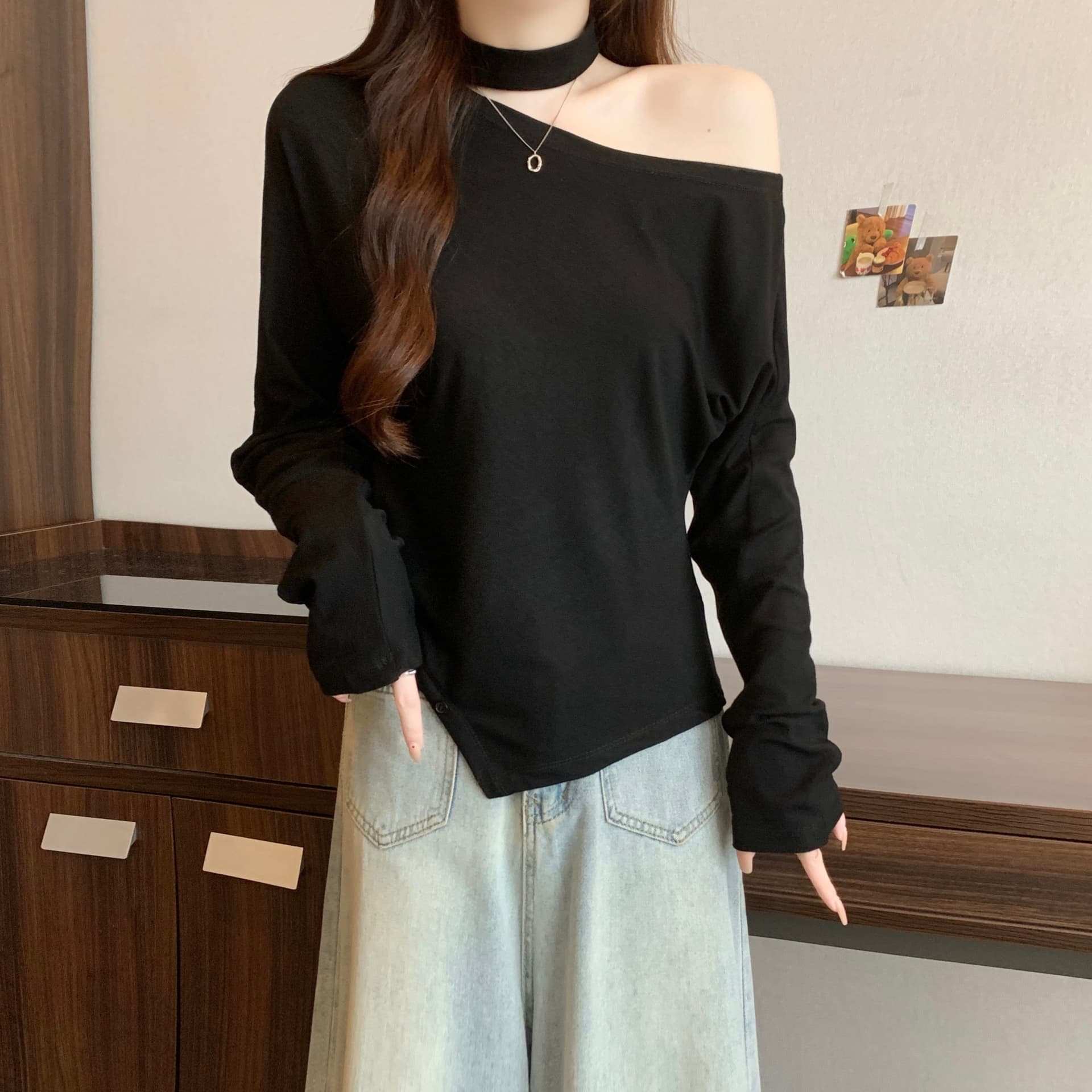 실사 빅 사이즈 지방 mm 디자인 센스 작은 심장 기계 행침 목 홀로우 아웃 오프숄더 외국 가스 다용도 티셔츠 맨위 이미지 3