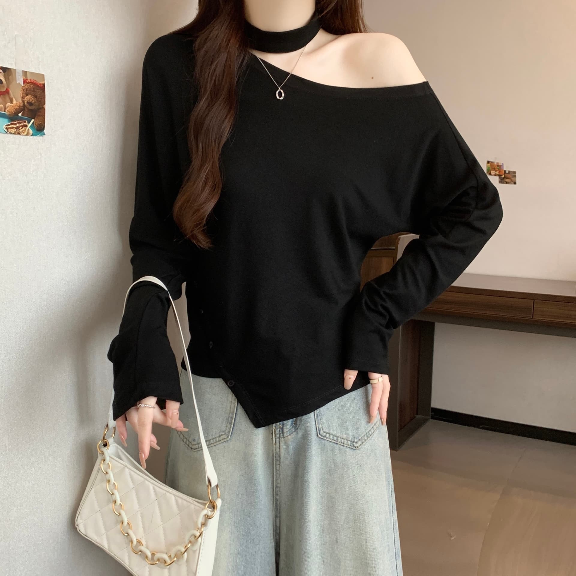실사 빅 사이즈 지방 mm 디자인 센스 작은 심장 기계 행침 목 홀로우 아웃 오프숄더 외국 가스 다용도 티셔츠 맨위 이미지 6