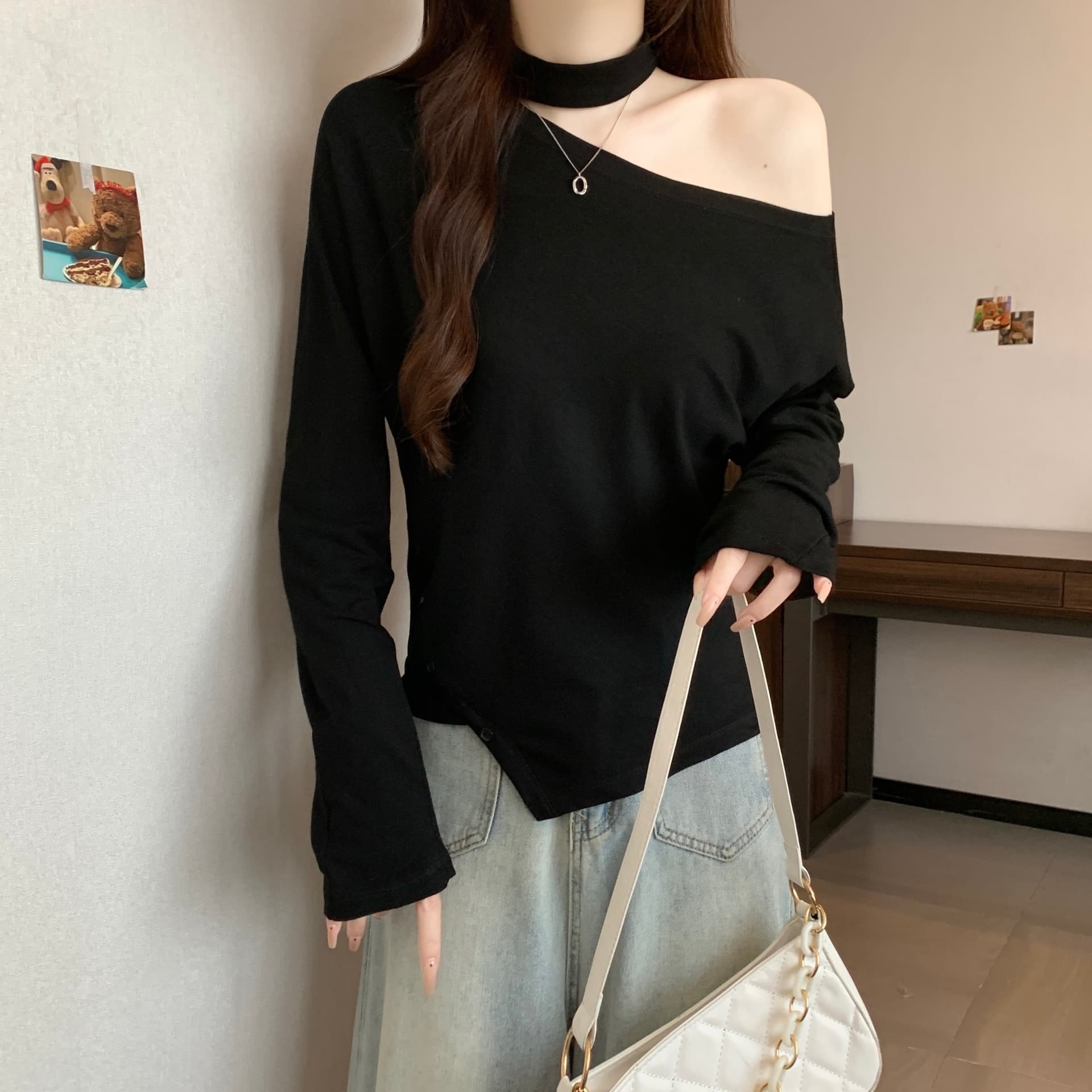 실사 빅 사이즈 지방 mm 디자인 센스 작은 심장 기계 행침 목 홀로우 아웃 오프숄더 외국 가스 다용도 티셔츠 맨위 상세 이미지 11