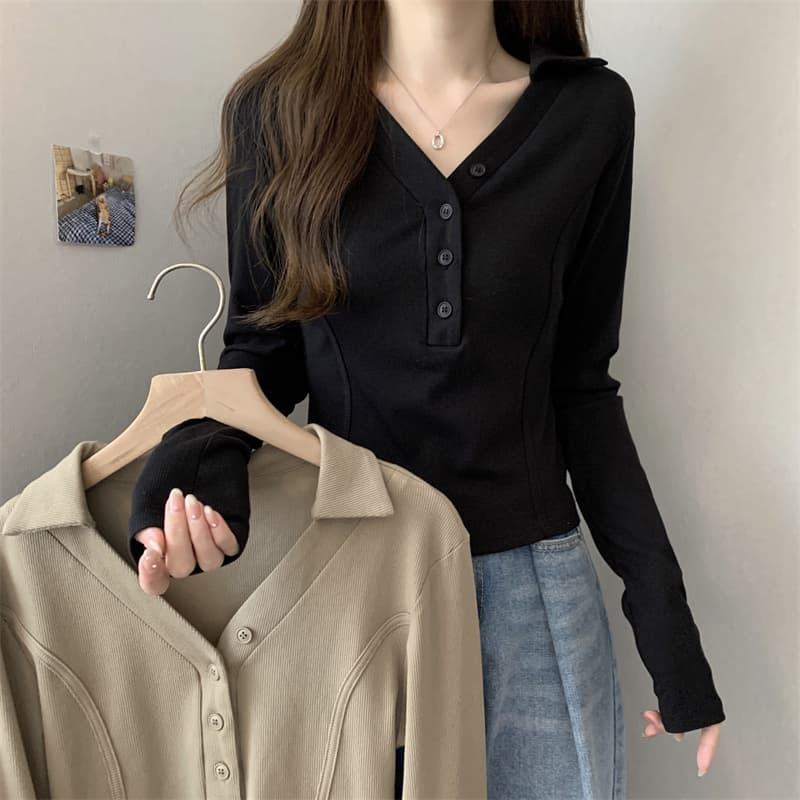 봄 새로운 V넥 어깨 패드 몸매 가꾸기 핫걸 긴팔 POLO 셔츠 여성 짧은 허리 수축 작은 대중 생선뼈 티셔츠 상세 이미지 13