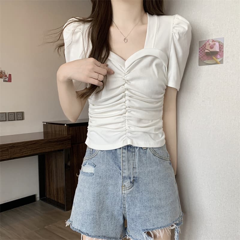 실사 여름 새로운 디자인 센스 광장 칼라 외국 가스 몸매 가꾸기 거품 소매 주름 쇄골 맨위 반팔 티셔츠 여성 ins 이미지 5