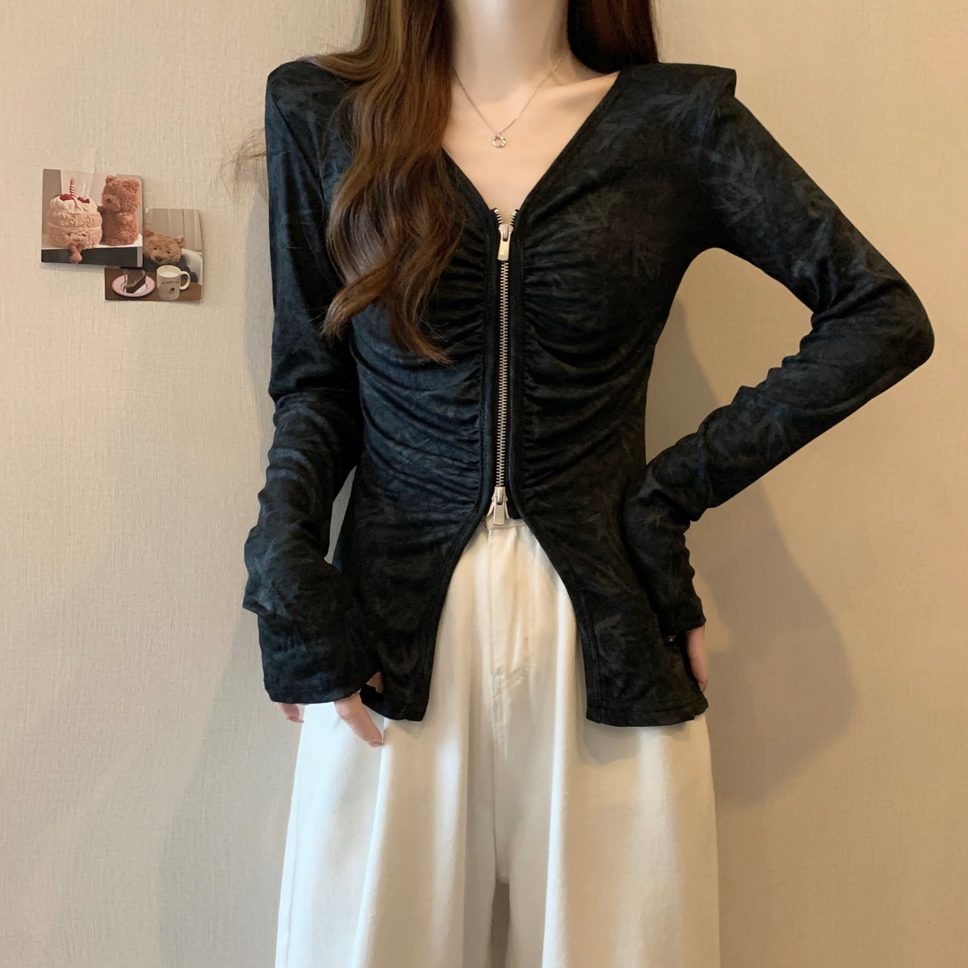 빅 사이즈 봄 드레스 V넥 더블 머리 지퍼 슬림해 보이는 트임 불규칙 홀치기 염색 배색 니트 오픈 가디건 맨위 여성 트렌디 상세 이미지 2